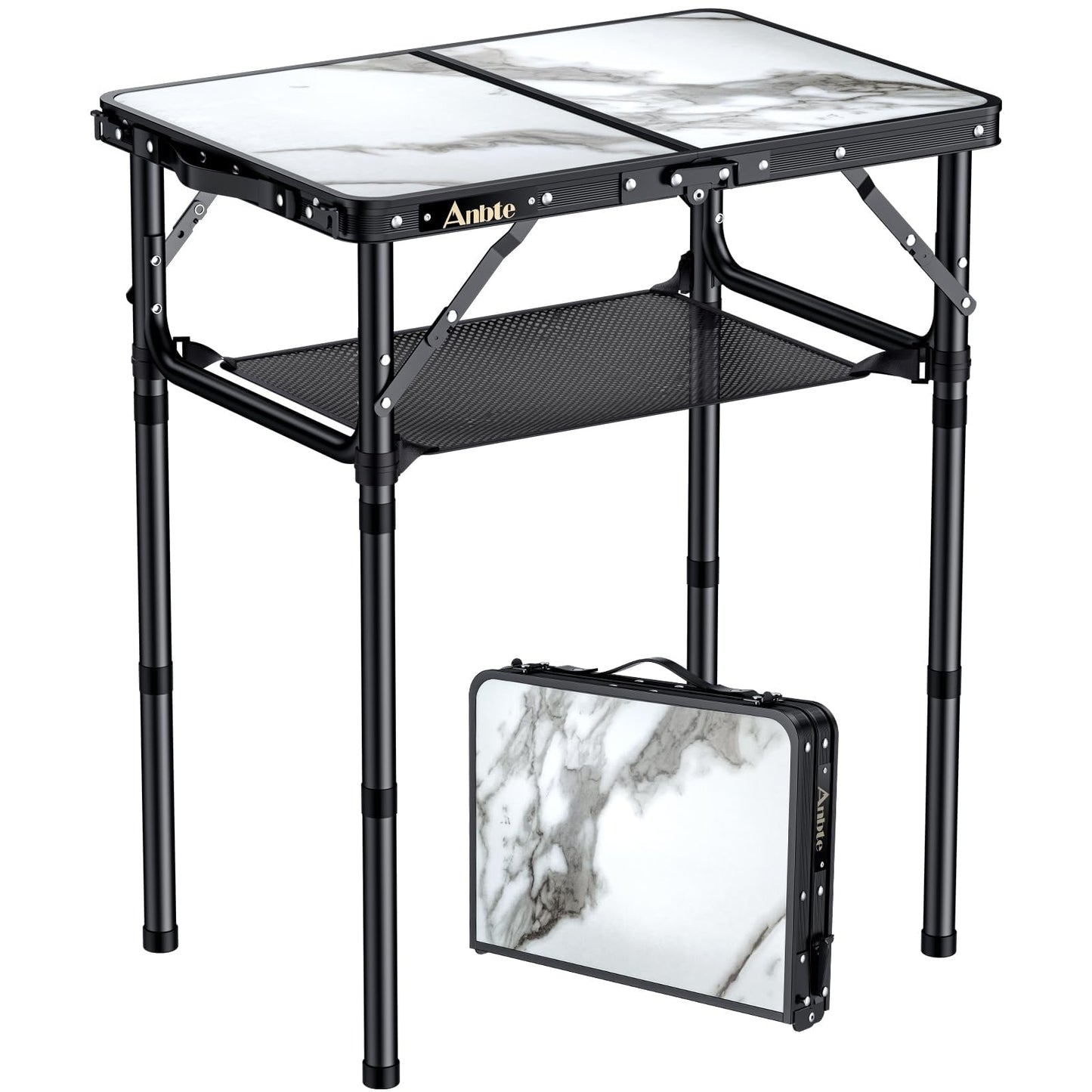 Anbte Folding Camping Table with Storage Net, 3 Adjustable Height Max 27.5" Aluminum Small Folding Table, Portable Table with Carry Handle, Lightweight, for Outdoor Indoor Travel Camping Picnic