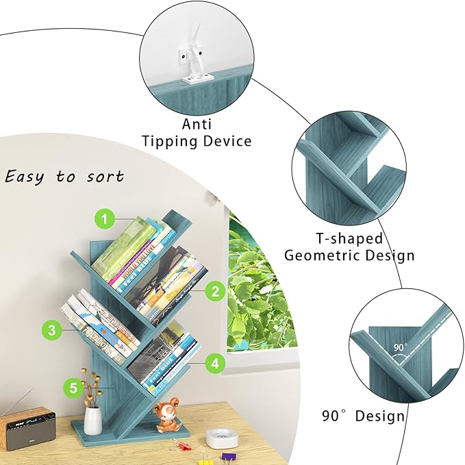 SHEEPAM 5 Tier Tree Book Shelf, Small Desktop Bookshelf