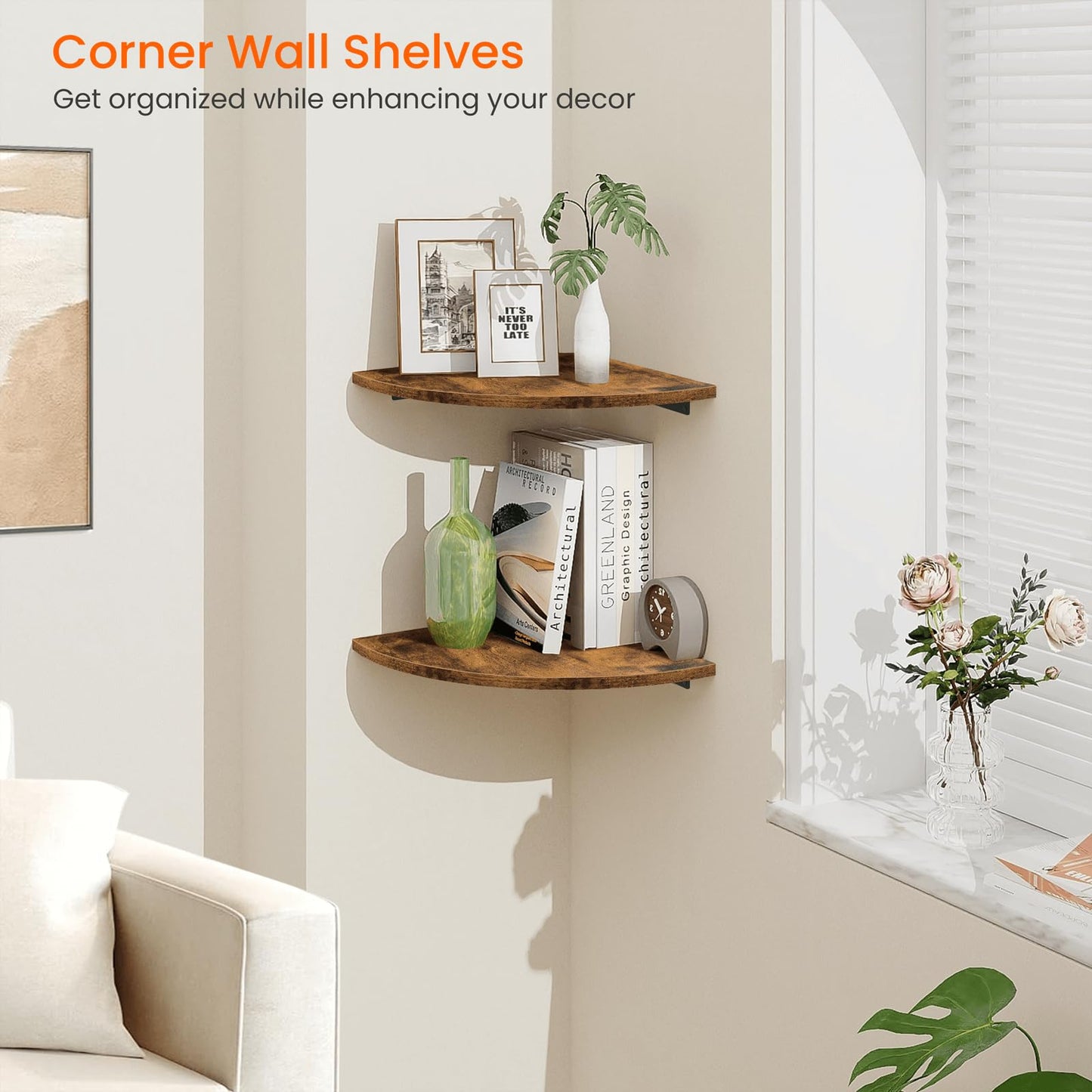 Homode Corner Shelf Wall Mount, 12 Inch Wood Floating Corner Shelves with Cord Hole, Set of 2 Large Corner Hanging Shelves for Bathroom Bedroom Kitchen, Rustic Brown