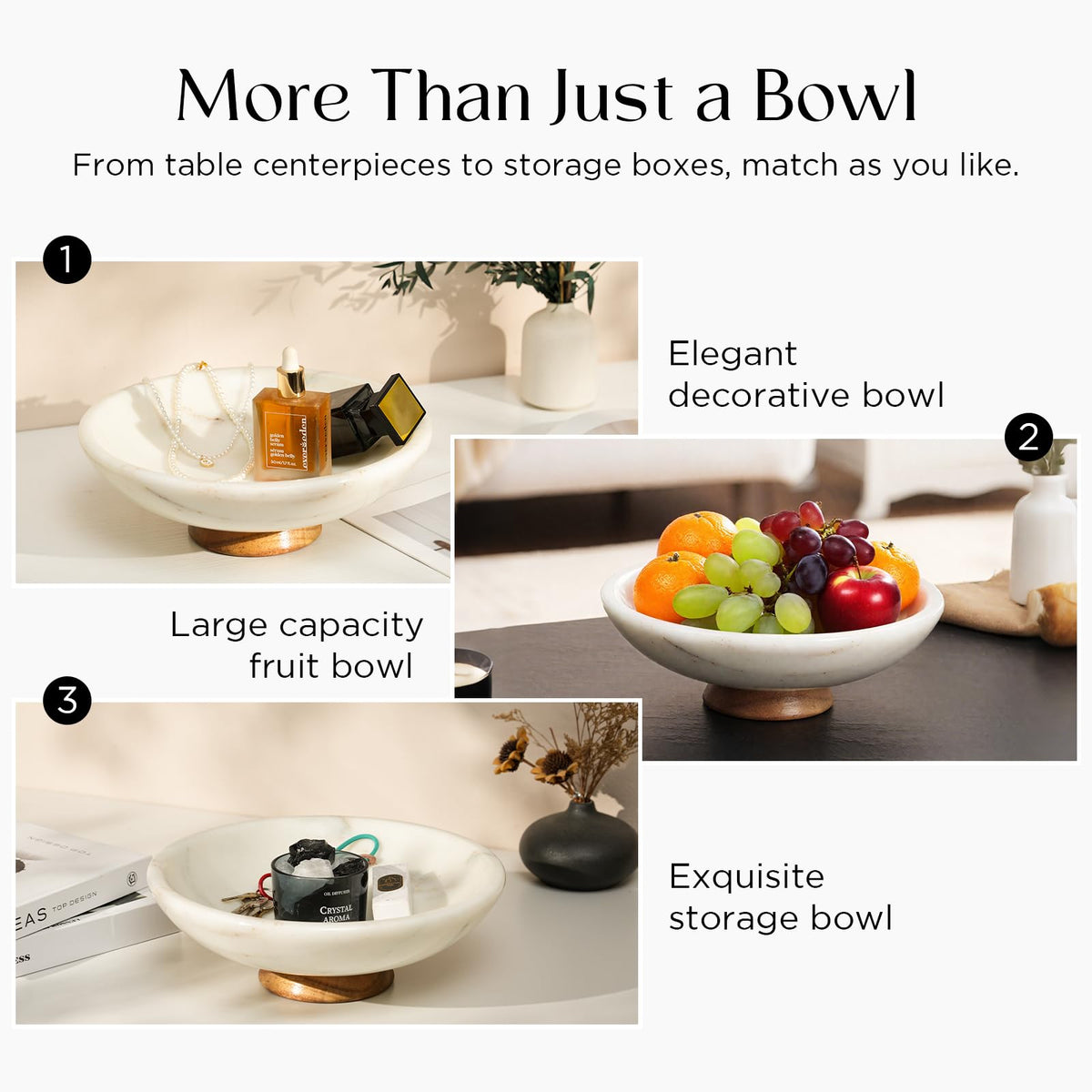 SAMAH White Marble Fruit Bowl with Acacia Wood Pedestal, Large Decorative Footed Bowl, Natural Stone Centerpiece for Kitchen Counter, Entryway, Keys, Dining Table, House Warming Gifts New Home(11Inch)