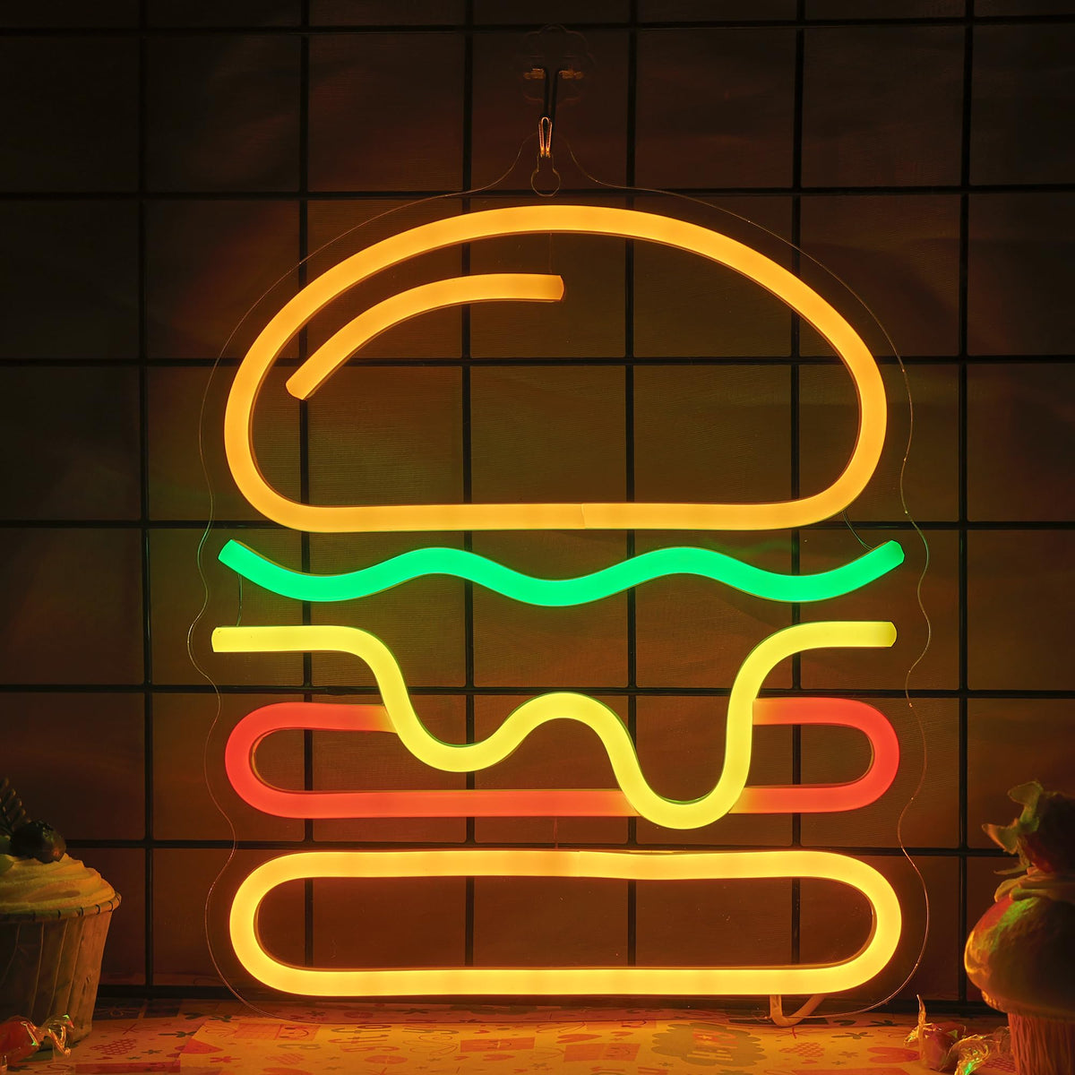 Attivolife Hamburger Neon Sign for Wall Decor, Light up Delicious Food Hamburg LED Lamp with Dim USB Powered, Unique Business Fast Food Shop Restaurant Decoration, Christmas Day Birthday Party