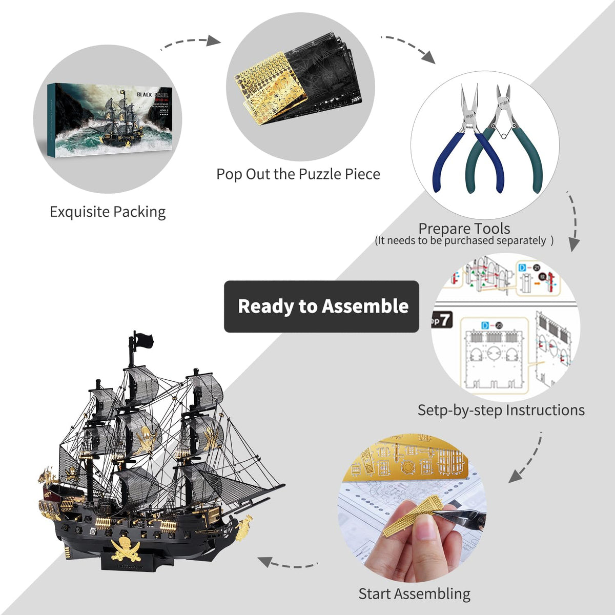 Piececool 3D Metal Puzzles for Adults, Black Pearl Pirate Ship Model Kits with DIY Tools, Watercraft Metal Model Building Kit for Birthday Christmas Gifts