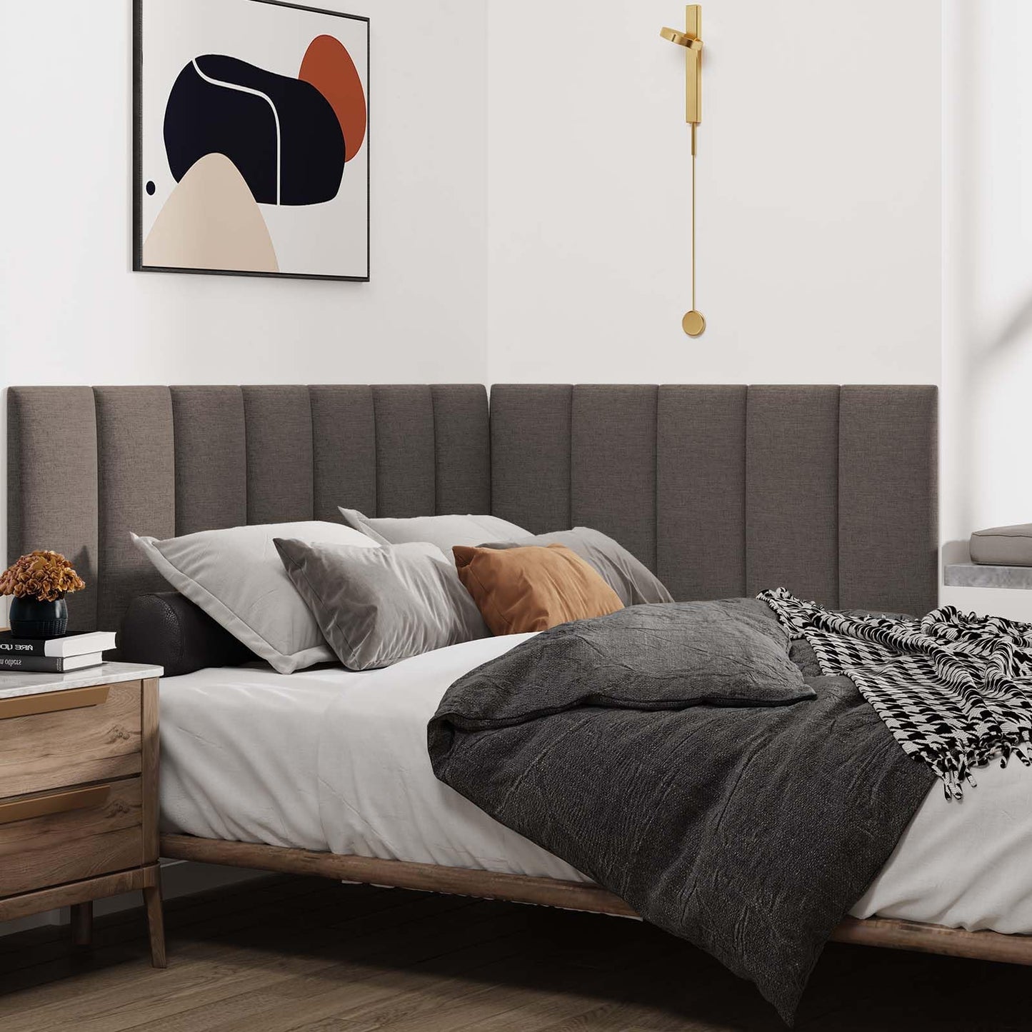 IFNOW Upholstered Wall Mounted Headboard, 3D Soundproof Wall Panels Peel and Stick for King Size, Reusable and Removable Tufted Bed Headboard in Brown (12 Panels, 10" x 24")
