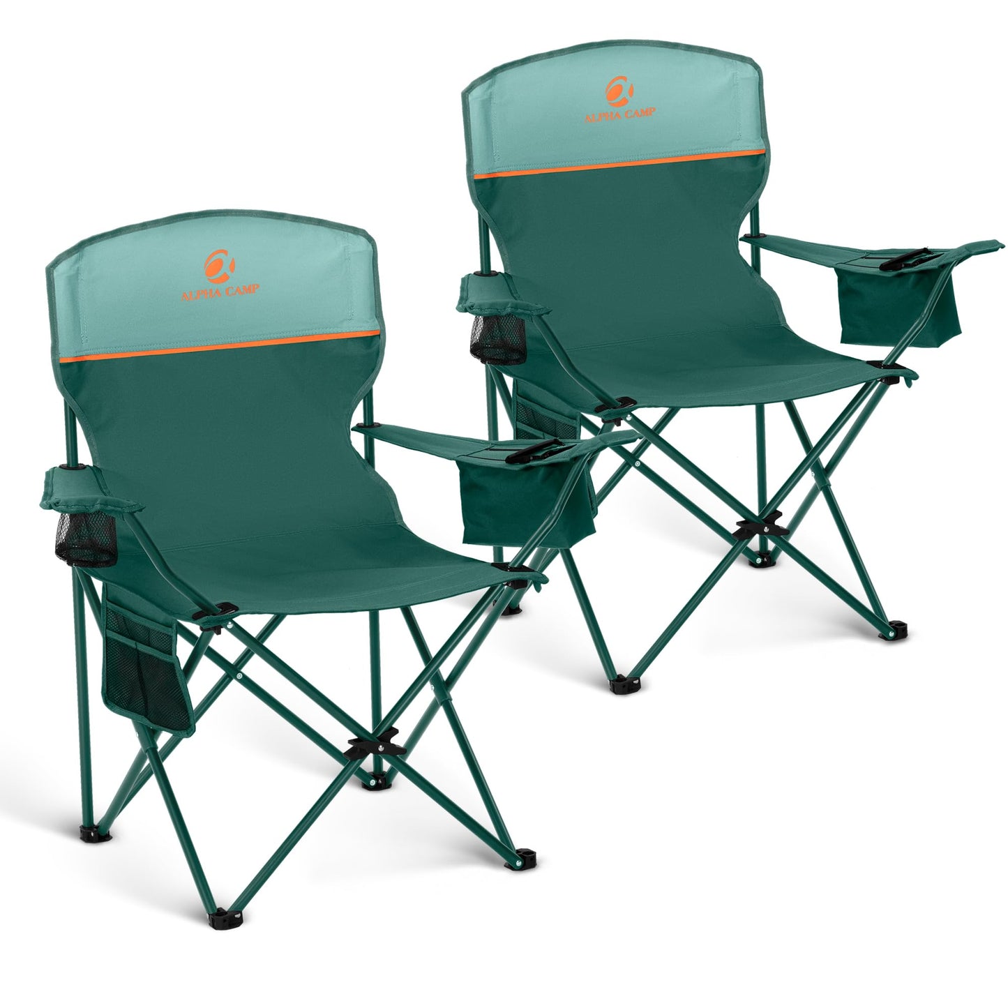LET'S CAMP Camping Chair 2 Pack Folding Chair with 4-Can Cooler Bag Portable Lawn Chair with Cup Holder,Storage Pocket, Supports 250LBS, Collapsible Chair for Camp, Beach, Picnic (Green)