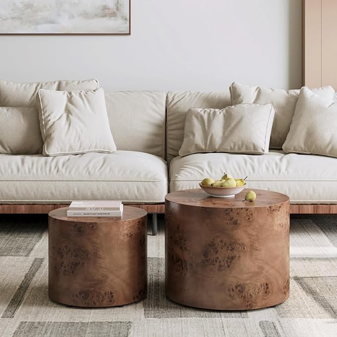 Round Nesting Coffee Table Set of 2, Modern Wooden Circle Burl Accent Tables