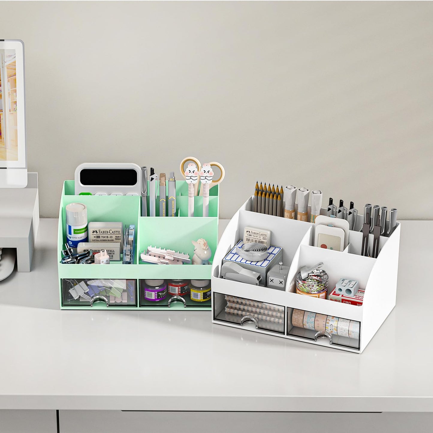 COMFYROOM Desk Organizer with 6 Compartments and 2 Drawers, Plastic Makeup Organizer, Pen Holder for Desktop Storage, Desk Organization for School, Home, Office Supplies (Mint Green)