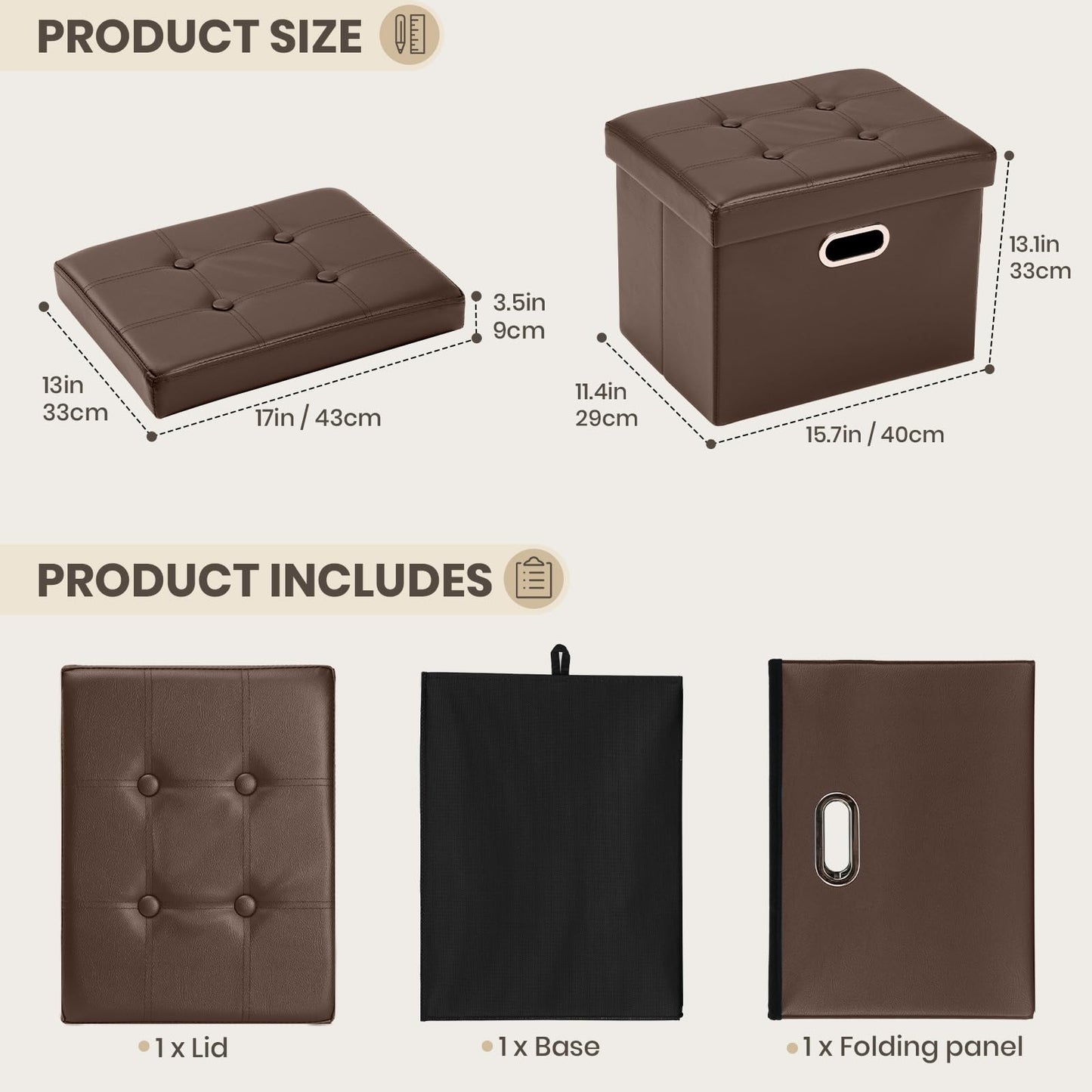 COSYLAND Ottoman with Storage Folding Leather Ottoman Footrest Foot Stool Brown Ottoman for Rooms Small Rectangle Collapsible Bench Furniture with Handles Lid 17x13x13in