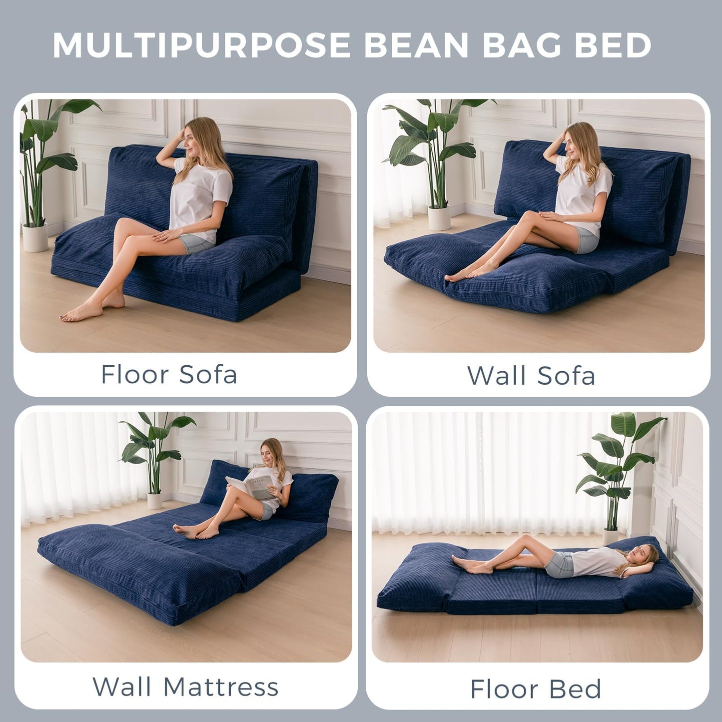 MAXYOYO Folding Sofa Bed, Floor Sofa Convertible Chair with Washable Cover, Floor Couch Lounge Bean Bag Chair Bed for Living Room, Navy, 30x91 Inch
