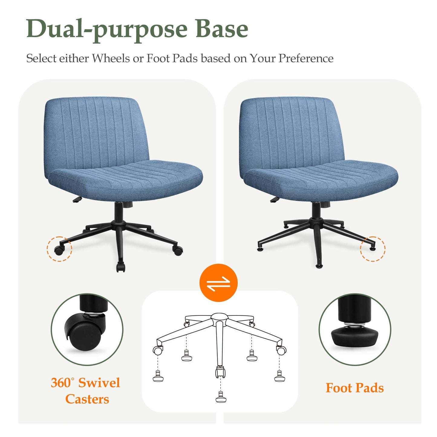 Orange Factory Criss Cross Chair Wheels Wide Cross Legged Office Desk Vanity Dual Base Comfy Fabric Armless Adjustable Swivel for Home Computer Task (Blue Dual Base, Fabric)