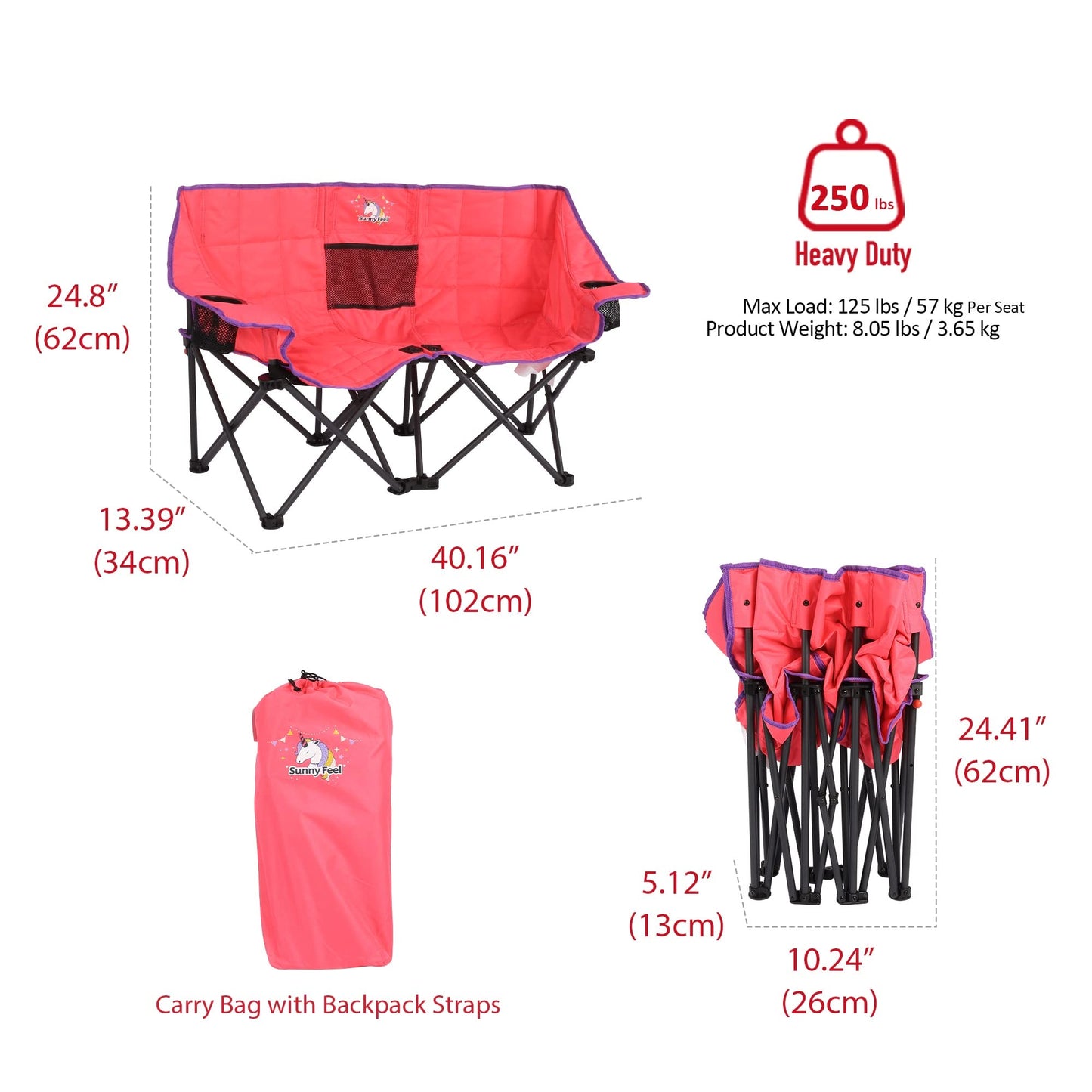 SUNNYFEEL Kids Folding Double Camping Chair, Portable Kids Camping Chairs 2 Seat Chair, Pink Padded Foldable Lawn Chairs with Cup Holder for Beach/Outdoor/Travel/Picnic, Foldable Camp Chairs 2 Person