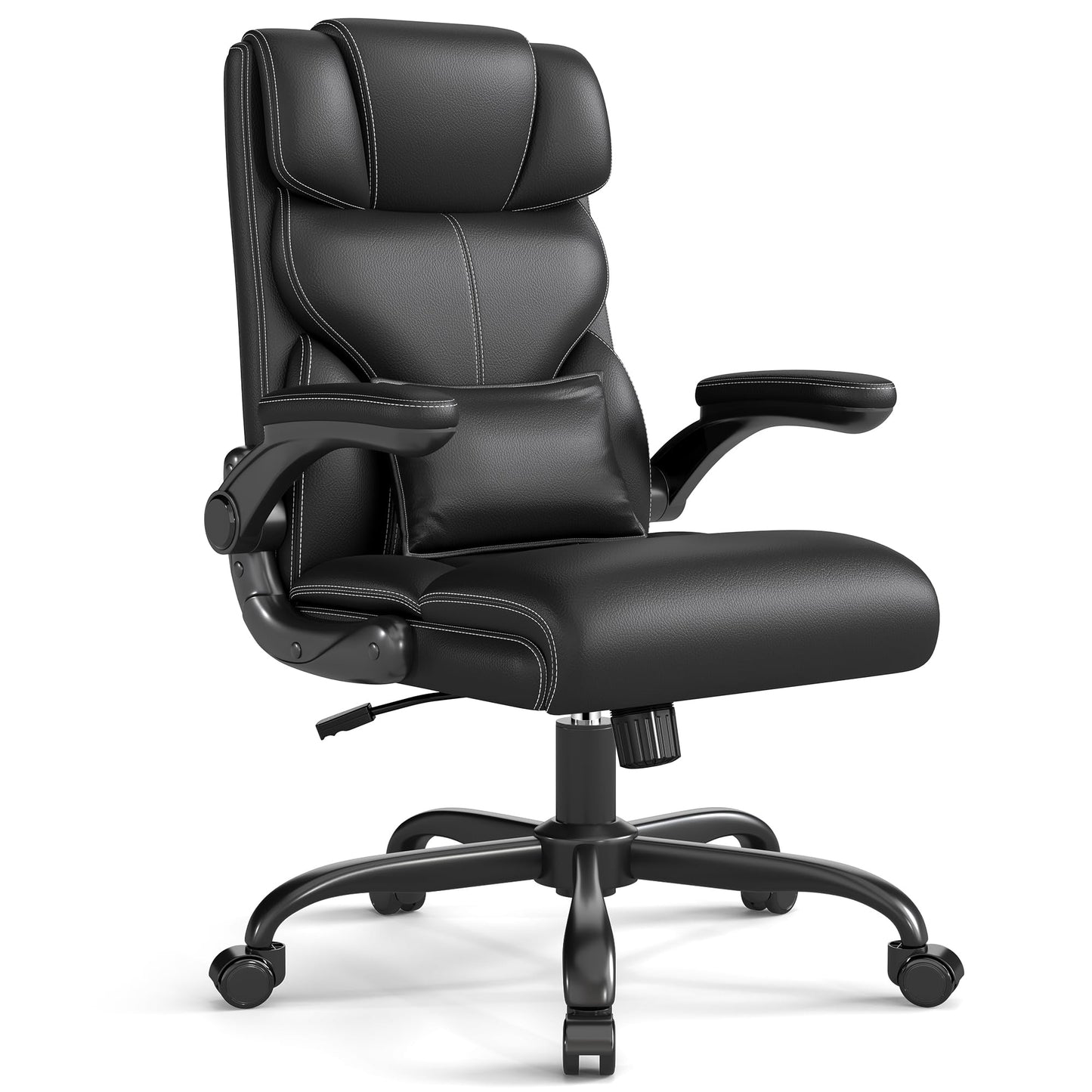 Executive Office Chair with Flip-up Armrests,Ergonomic Computer Desk Chairs,Mid-Tall Back Leather Office Chair,Lumbar Support Swivel PC Chair with Rocking Function
