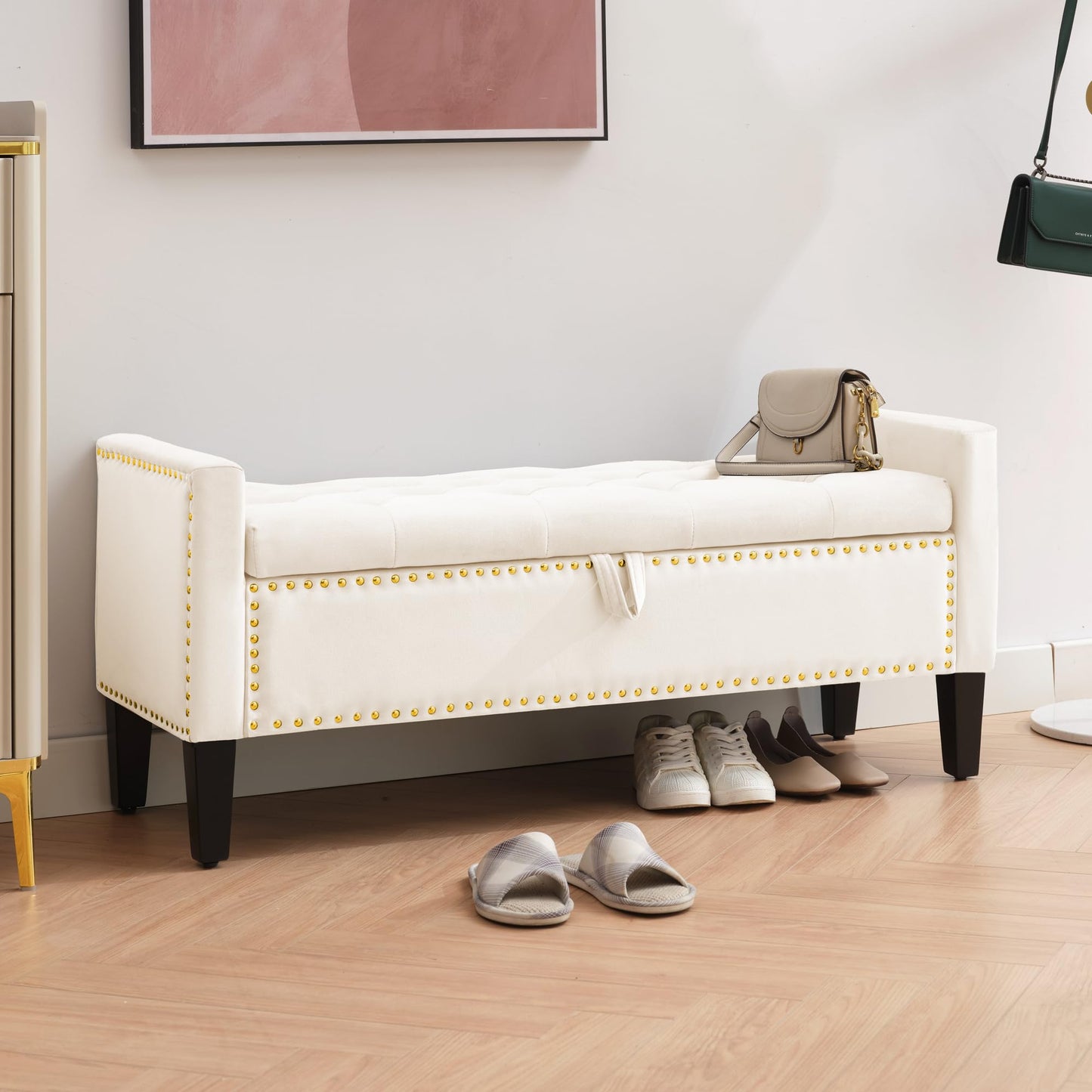 UDAX Storage Ottoman Bench, Velvet Upholstered Footstool for Bedroom and Living Room, Tufted Seat with Storage, Wooden Legs & Metal Rivets, Beige