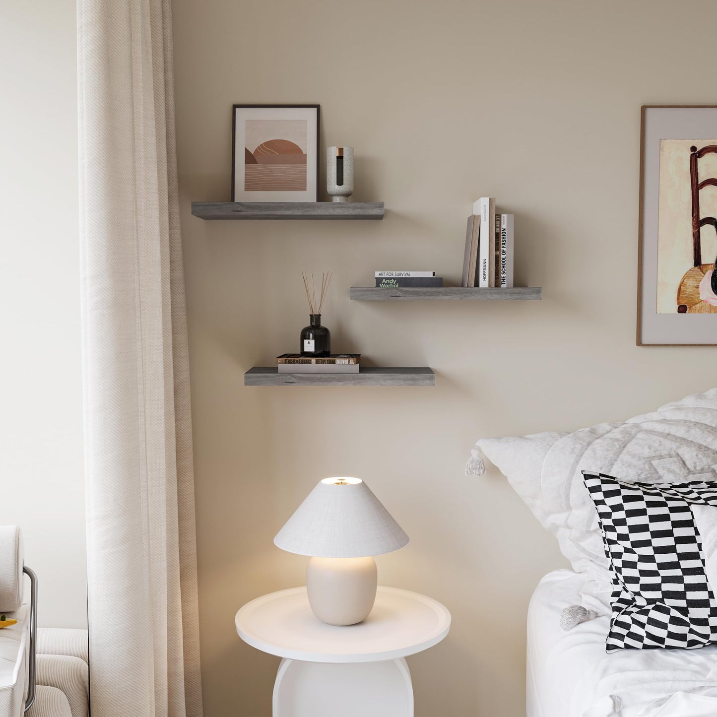 Upassion Floating Shelves for Wall Set of 3, 16" Gray Wall Shelves for Home Decor, Frame Display Floating Shelf for Living Room, Bedroom, Bathroom, Kitchen