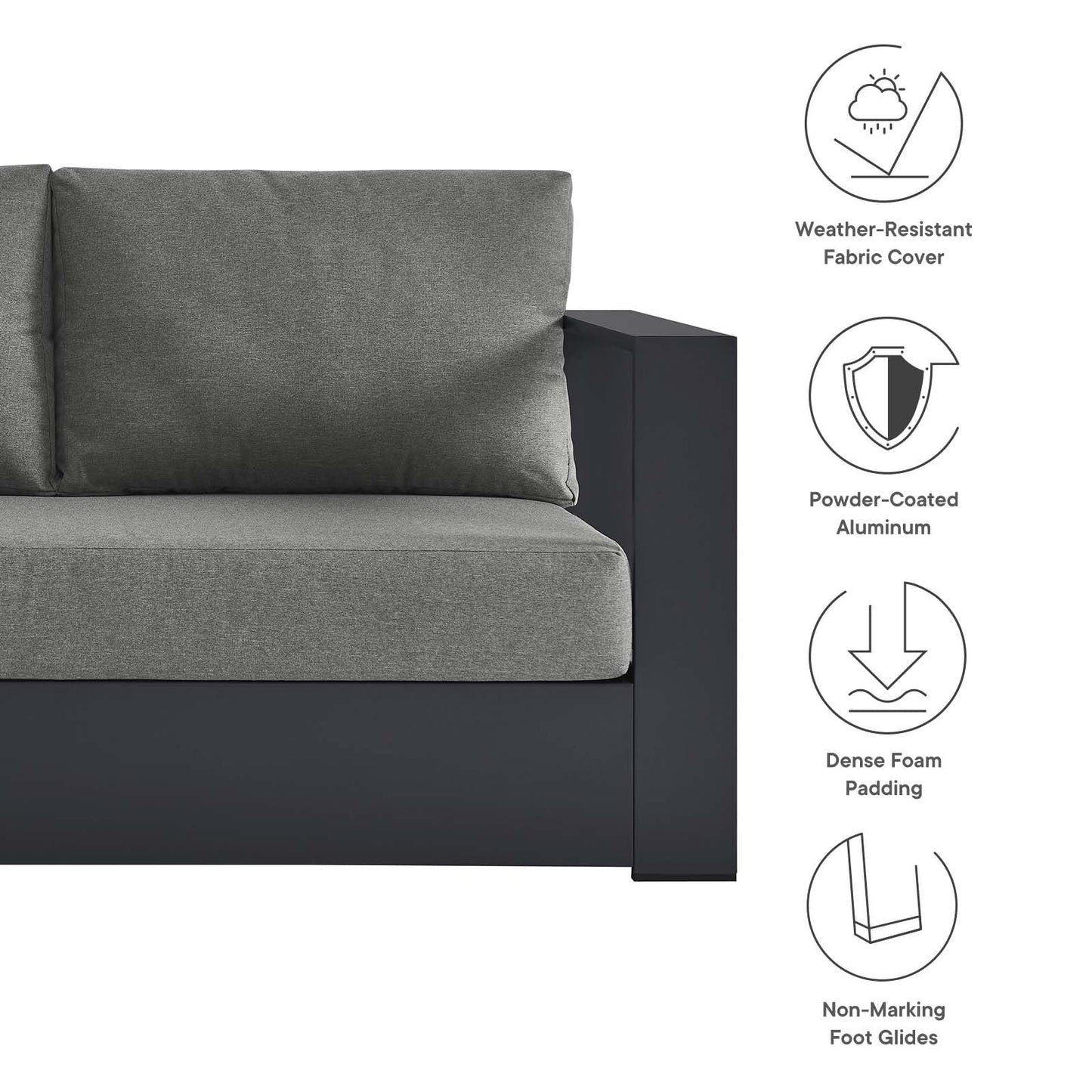 Modway Tahoe Aluminum 3-Piece Outdoor Patio Furniture Gray Charcoal, Modular Sectional Sofa Set with Weather-Resistant Cushions, Ideal for Deck, Backyard Poolside