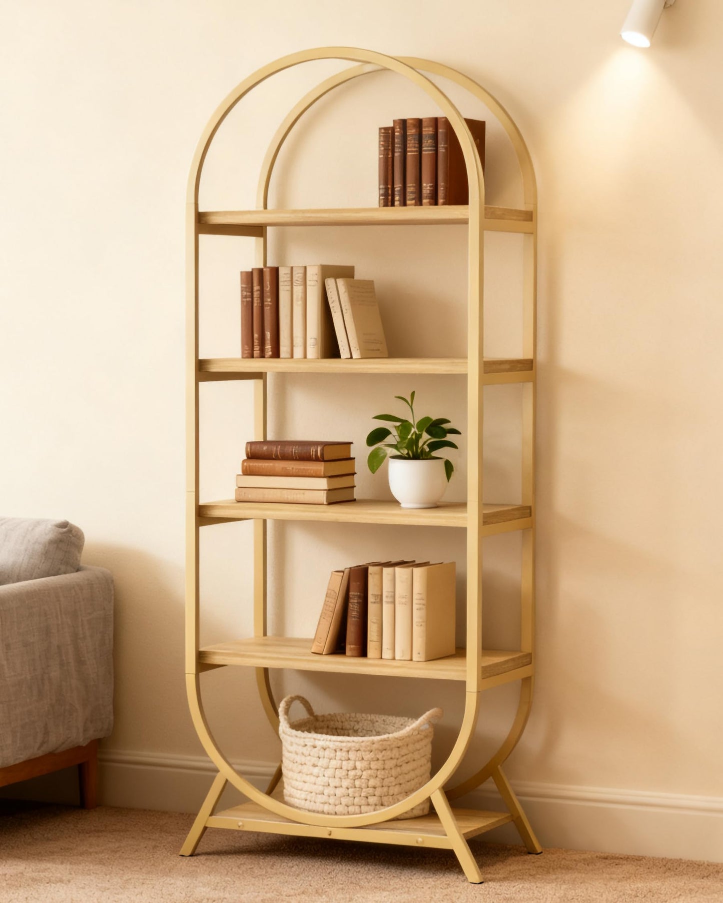 BIASUNS Arched Bookshelf,5-Tier Tall Wide Open Bookshelf,Modern Brown Storage Bookshelves, Freestanding Display Rack Shelving Unit for Office, Bedroom, Living Room, Easy Assembly, Brown