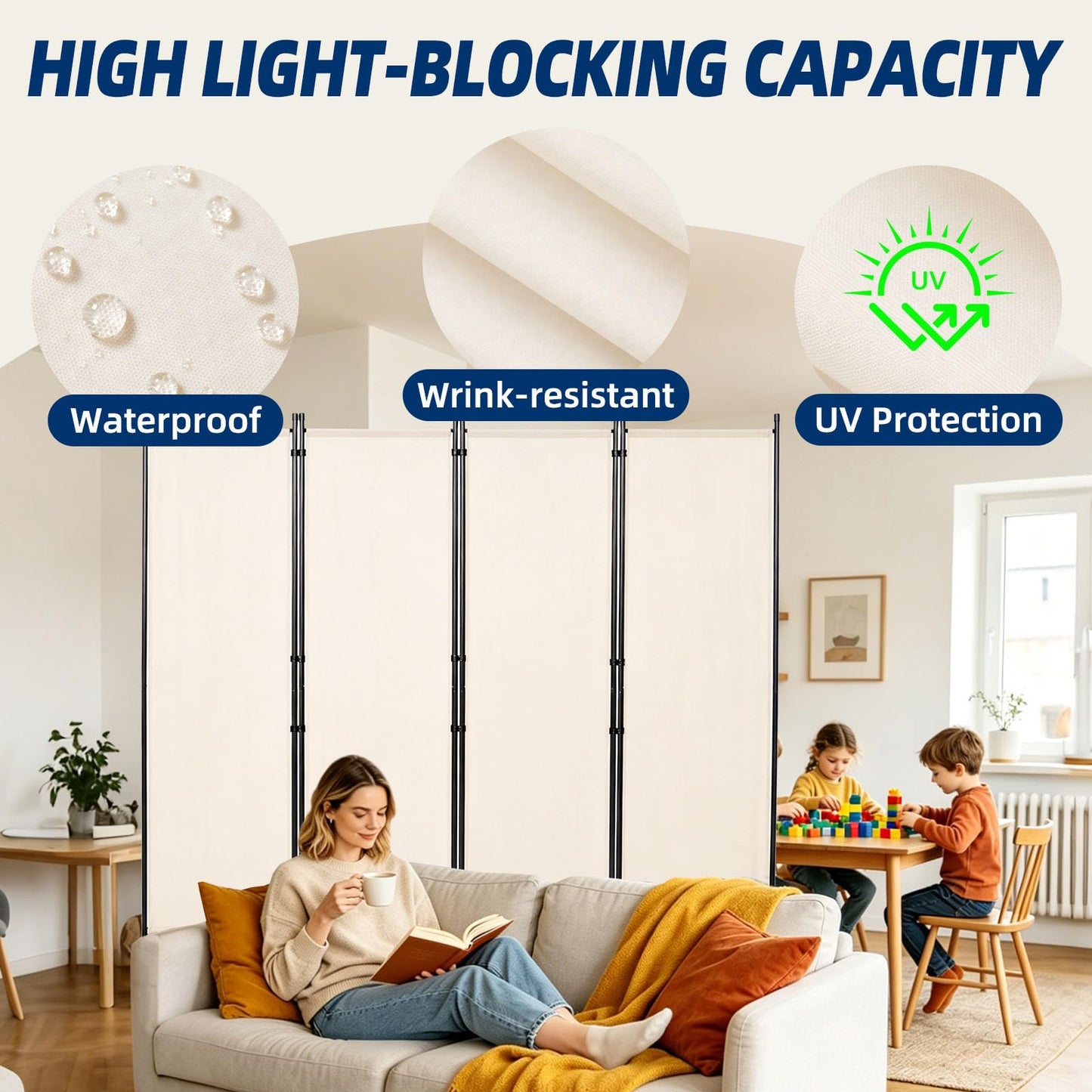 Room Divider and Folding Privacy Screens, 4 Panel 88in Wide Room Divider Wall Screen for Room Separtition, Partition Room Dividers Fabric Panel Wall Dividers for Office, Bedroom, Studio Dorm, Beige