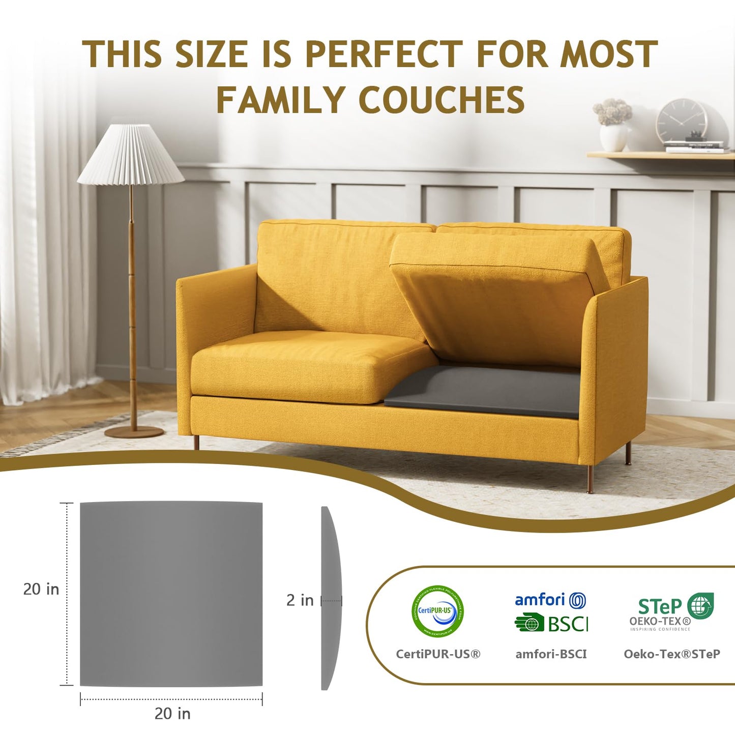 MYLIFESION Couch Cushion Support for Sagging Seat, 20x20x2 inches High-Density Foam Sofa Cushions Support, Under Cushion Sag Repair, Grey Set of 3