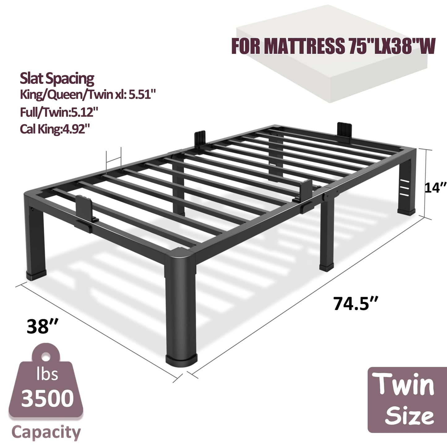 Bilily 14 Inch Twin Bed Frame Metal Platform with Round Corner Legs,3500 LBS Heavy Duty Steel Slats Support,Headboard Compatible,No Box Spring Needed,Easy Assembly,Mattress Retainer,Underbed Storage