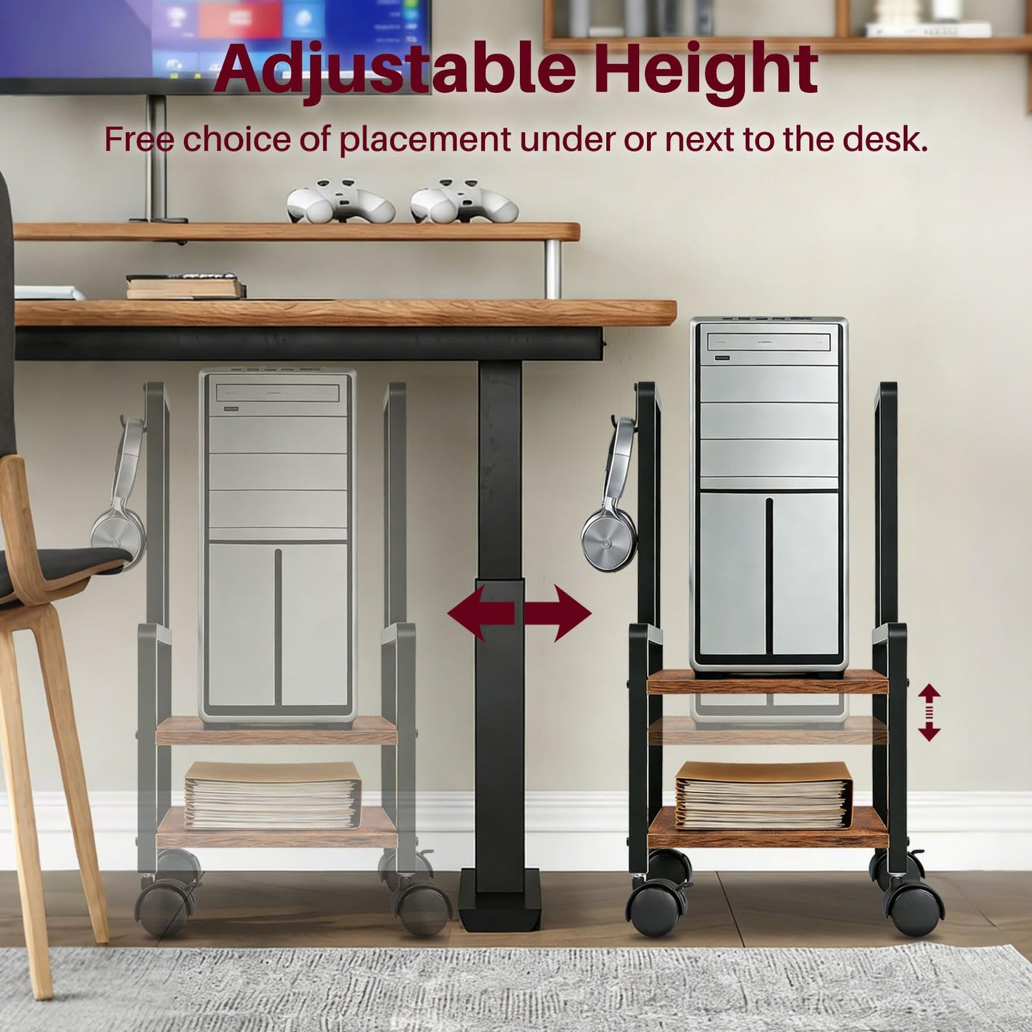 ZIIWIND Adjustable 2-Tier PC Stand, Computer Tower Stand with 360° Locking Wheels & Hooks, CPU Cart for Floor, Carpet and Under Desk, 15.2" x 11.8" x 26", Rustic Brown