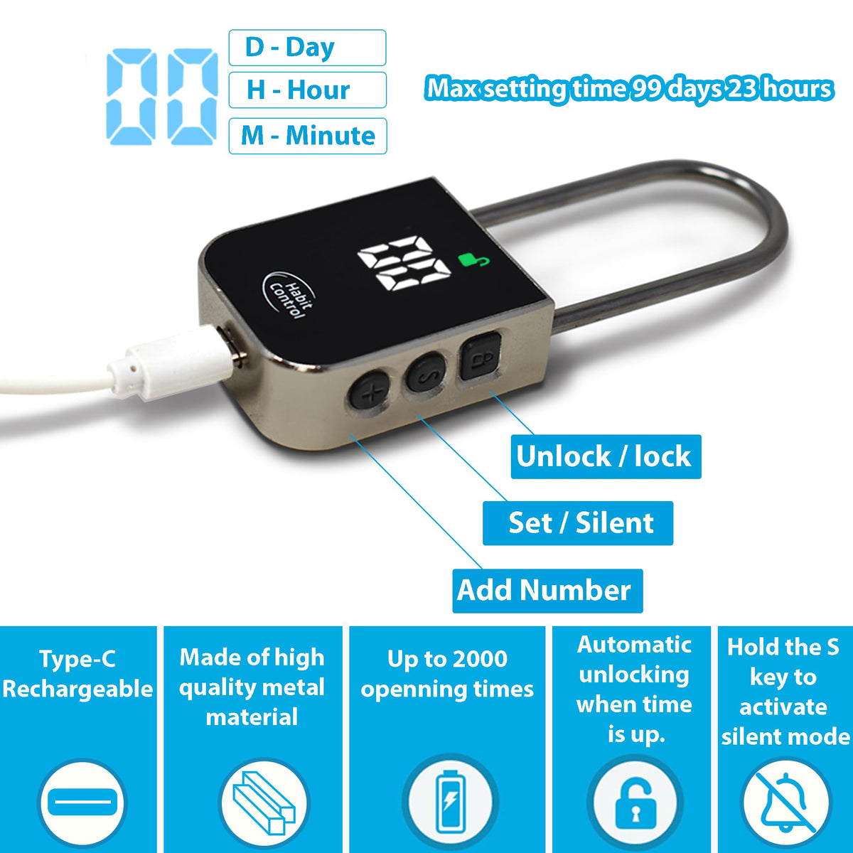 Habit Control Metal Timer Lock - Smart Padlock for Kitchen Cabinets, Timed Out Keyless Pad Lock, Electronic Time Locking Lock for Cell Phones, Snack, Liquor, Game Consoles & Other Unwanted Temptations
