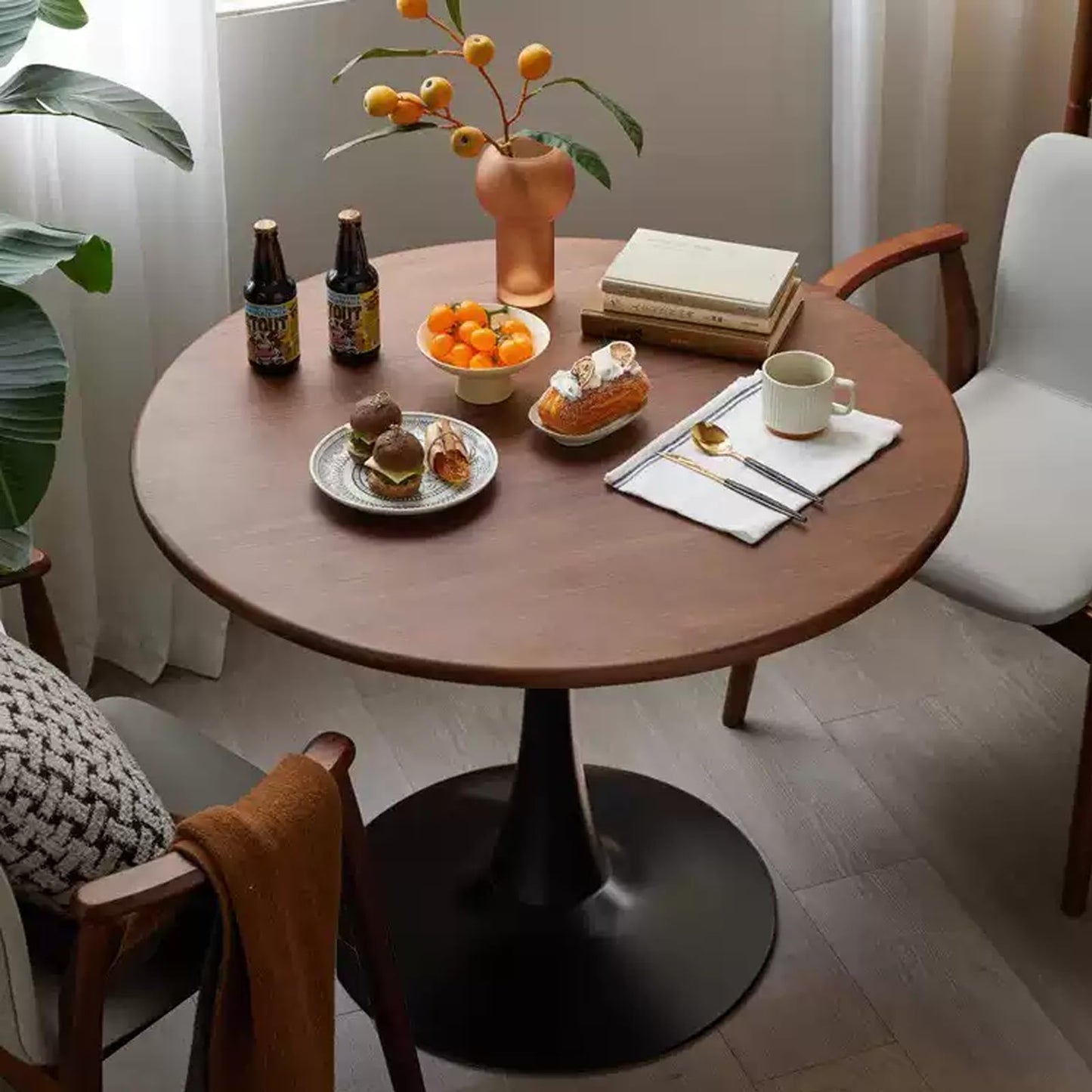 HYYTEIBL 23.4" Round Tulip Dining Table for 2-4 People with Walnut Top and Black Metal Pedestal Base, Mid-Century Modern Small Space Table for Kitchen, Living Room, Cafe
