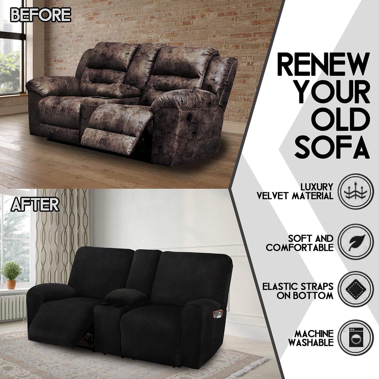 ULTICOR Reclining Loveseat with Middle Console Slipcover, 8-Piece Velvet Stretch Loveseat Reclining Sofa Covers, 2 Thick, Soft, Washable, Covers ONLY (Black)