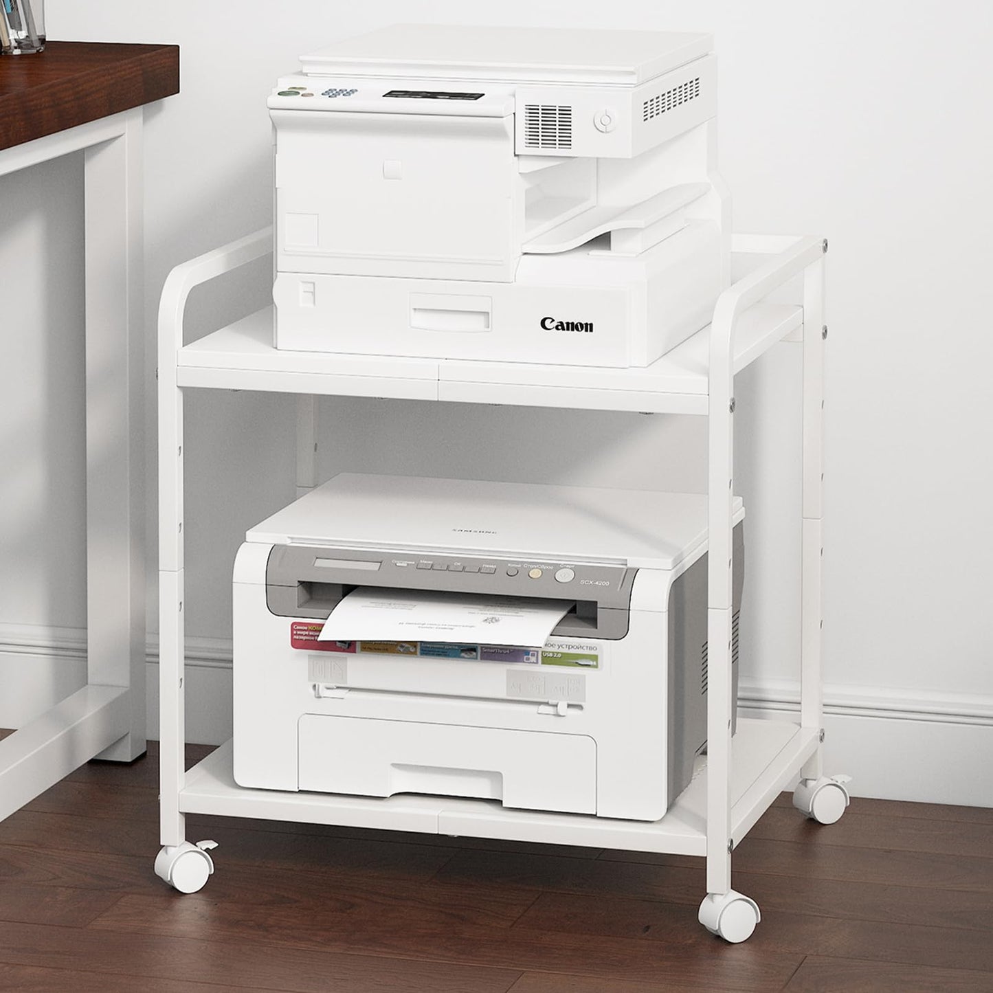 Heakrit 21"x15.8" Large Printer Stand with Storage, 2-Tier Under Desk Printer Table, Rolling Printer Cart with Lockable Wheels for Home, Office (White)