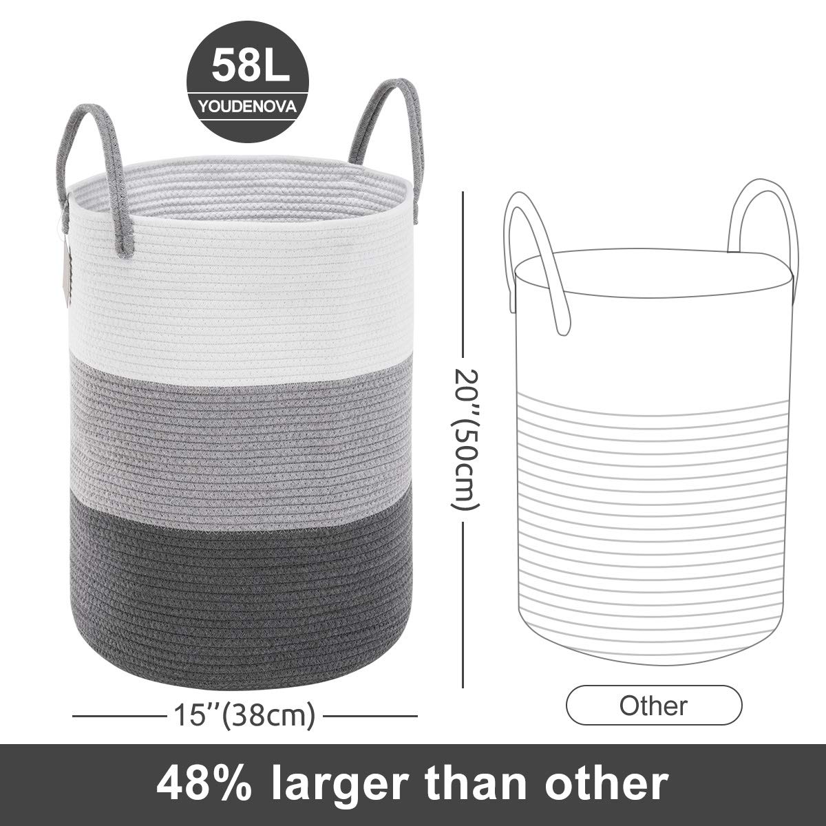 YOUDENOVA Woven Rope Laundry Hamper Basket, 58L Tall Luandry Basket, Baby Nursery Hamper for Blanket Storage, Clothes Hampers for Laundry in Bedroom