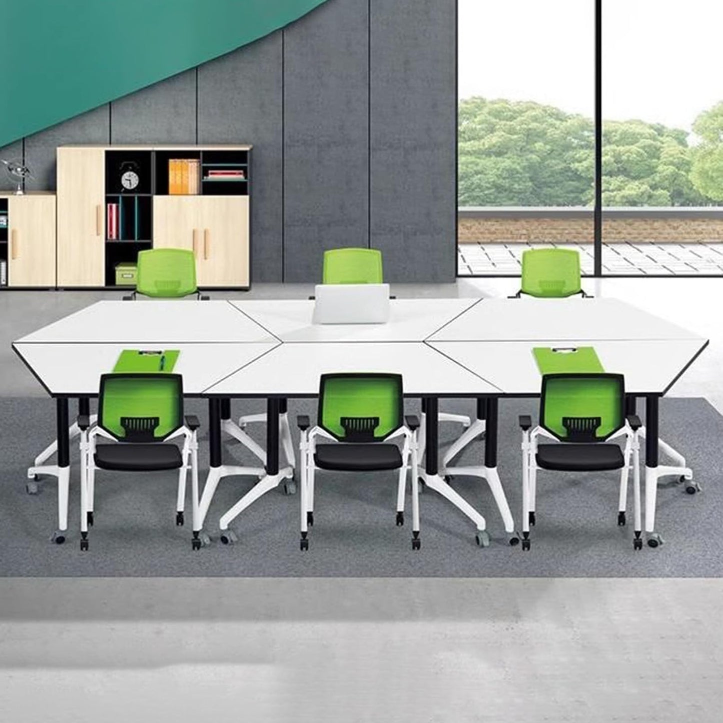 Conference Table, Meeting Table with Wheels, Trapezoidal Podcast Training Table, Polygonal Splicable Desk for Home Office, Studio, Business, Dining Room