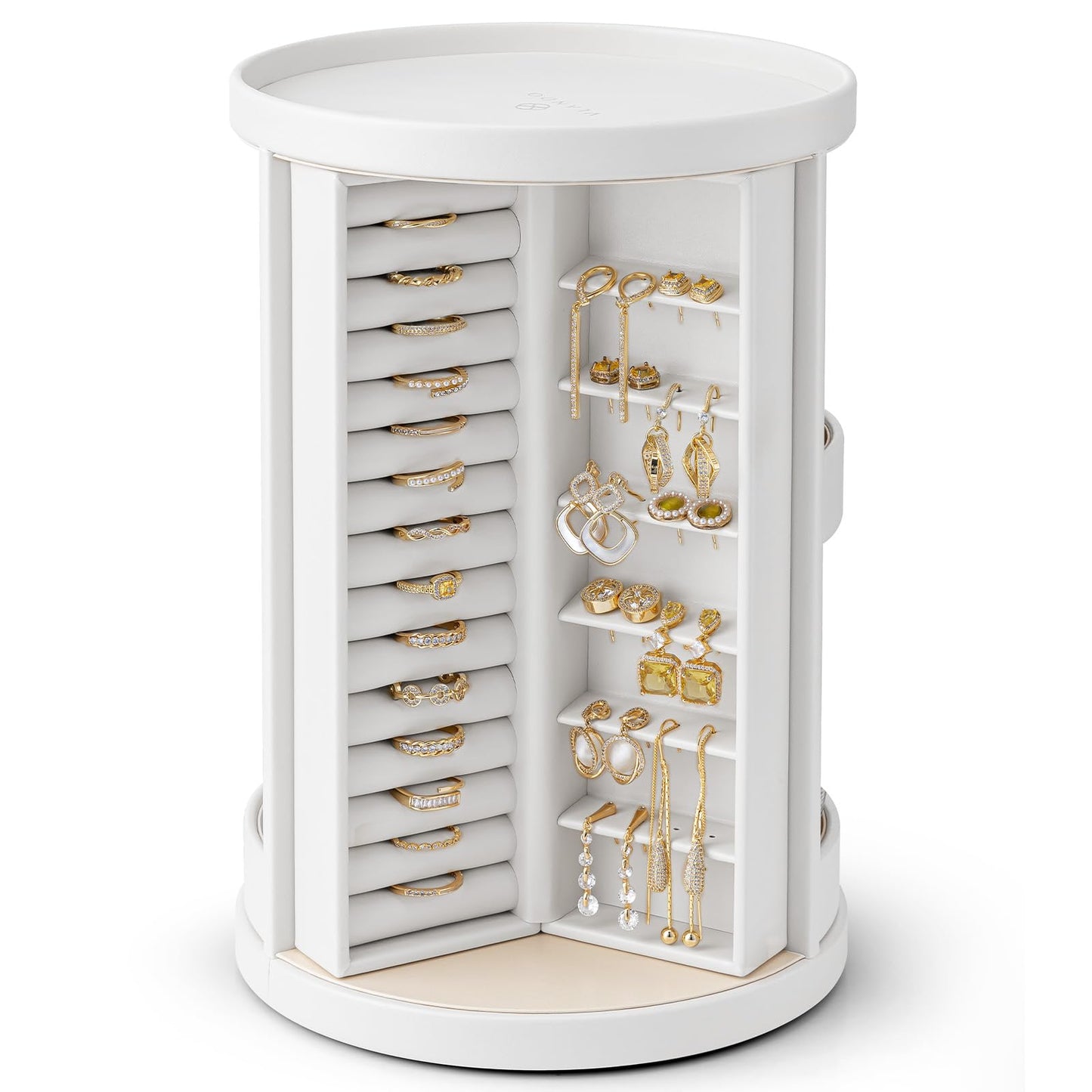 VLANDO 360°Rotating Jewelry Box,Earring Organizer Large Vertical Jewelry Organizer with 6 Necklace Hooks, Open Ring Display Storage for Women -White