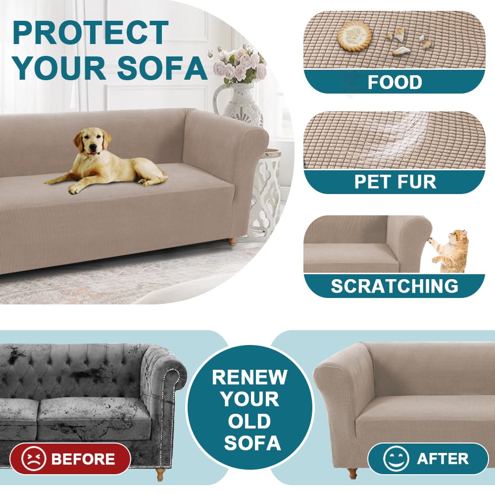 Turquoize Stretch Chesterfield Sofa Covers for Living Room Soft Sofa Couch Covers for 3 Cushion Couch Non-Slip Sofa Slipcover for Dogs Pet Furniture Protector Feature Jacquard Fabric (Sofa, Sand)