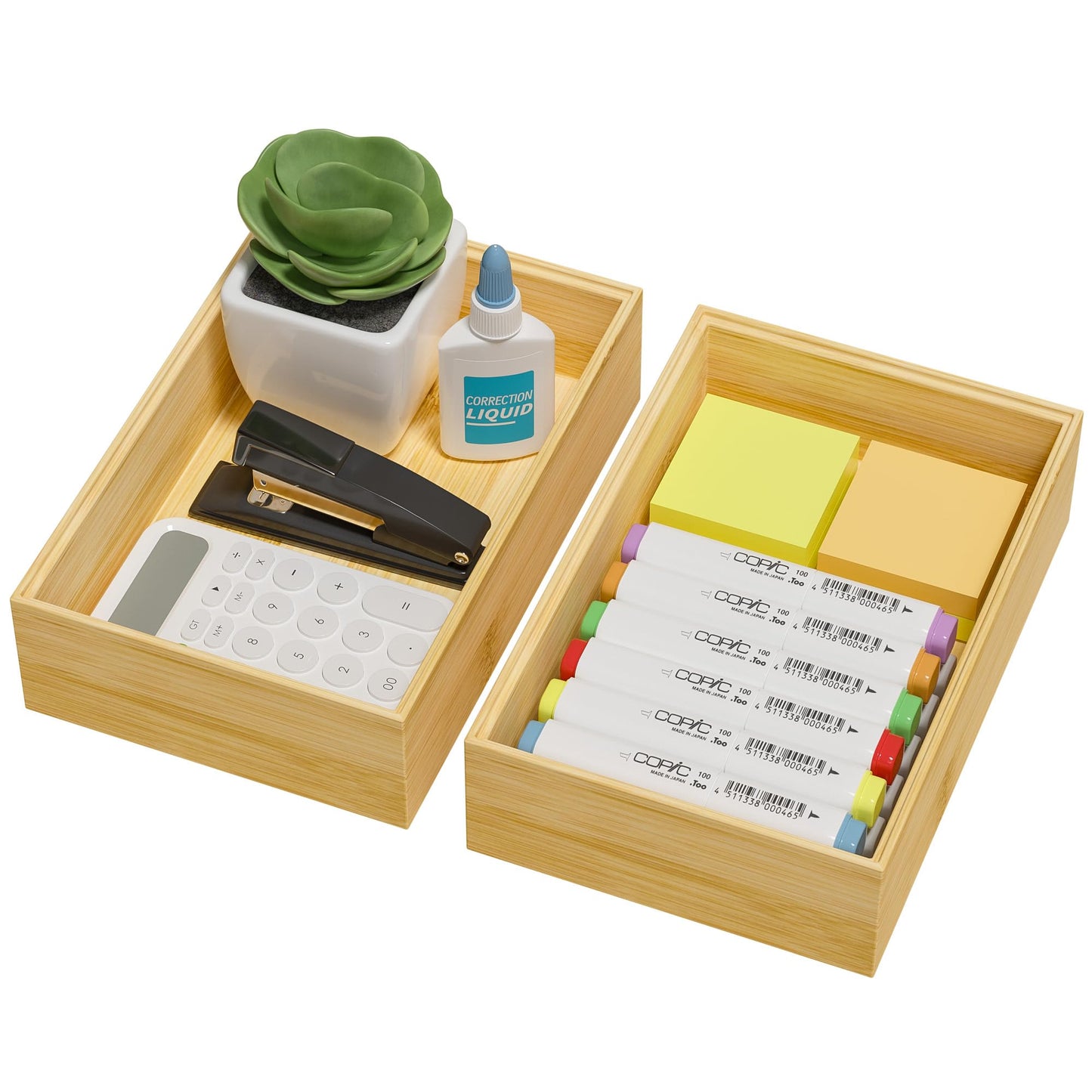Greatseas Kitchen Drawer Organizer Bins, Stackable Bamboo Drawer Organizer for Silverware, Flatware, Deep Office Desk Drawer Organizer Tray, Desktop Pen, Office Organization 9" x 6" x 2.5" (Set of 2)