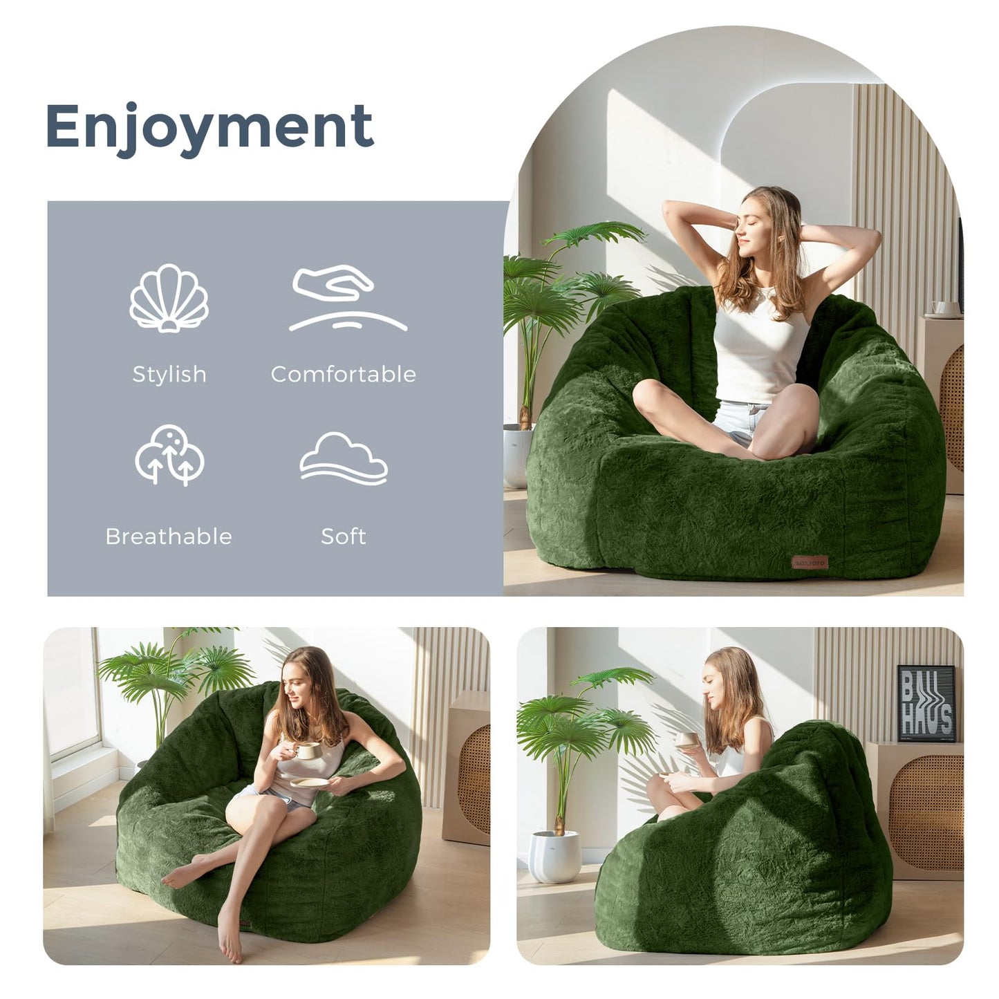 MAXYOYO Giant Bean Bag Chair, Oversized Bean Bag Couch for Adults and Kids, Faux Fur Shell-Shaped Large Chair with Filler, Stuffed Big Accent Sofa Floor Sofa for Gaming, Reading, Green