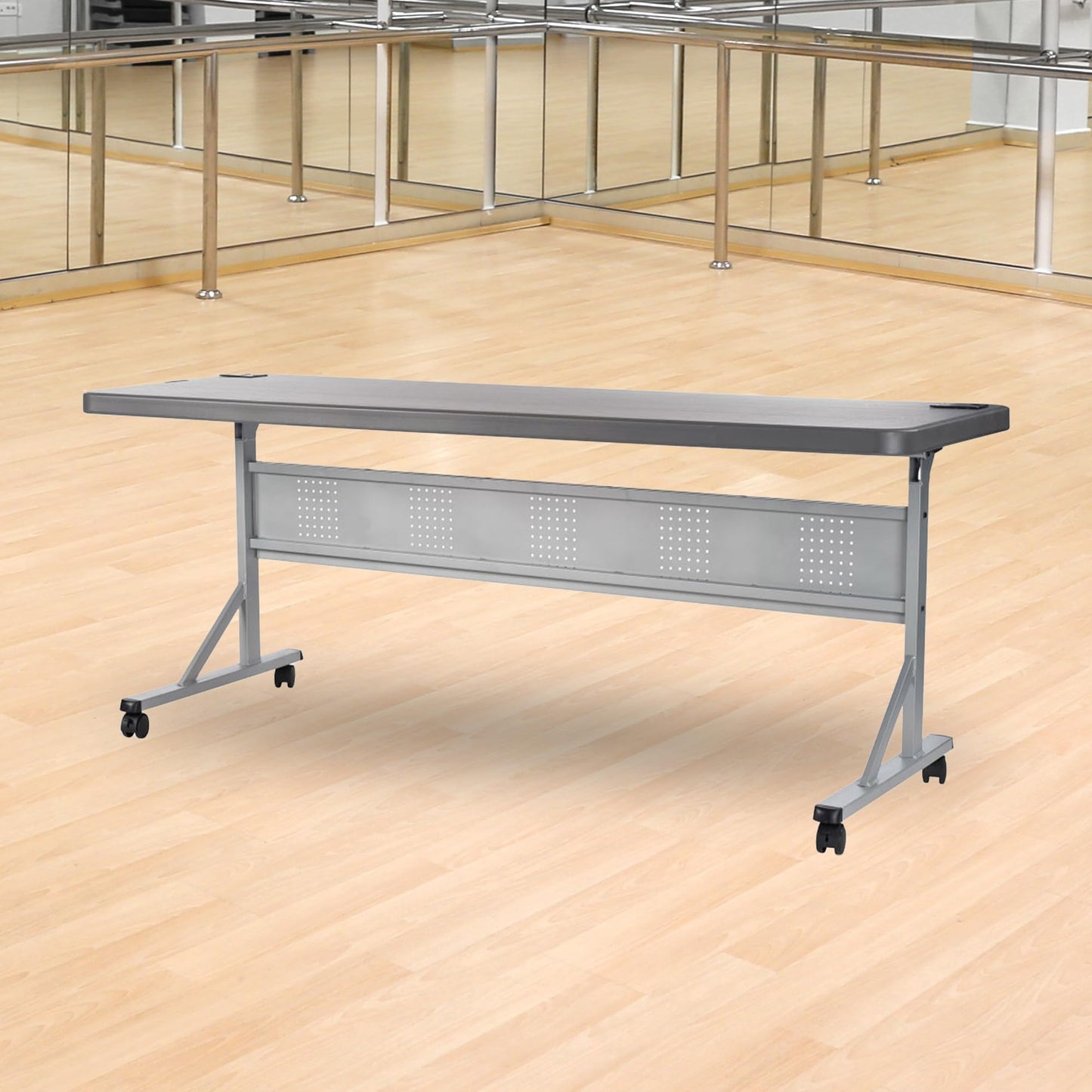 National Public Seating 24" x 72" Flip-N-Store Portable Lightweight Rolling Conference Training Table with 2 Grommet Holes - Charcoal Slate