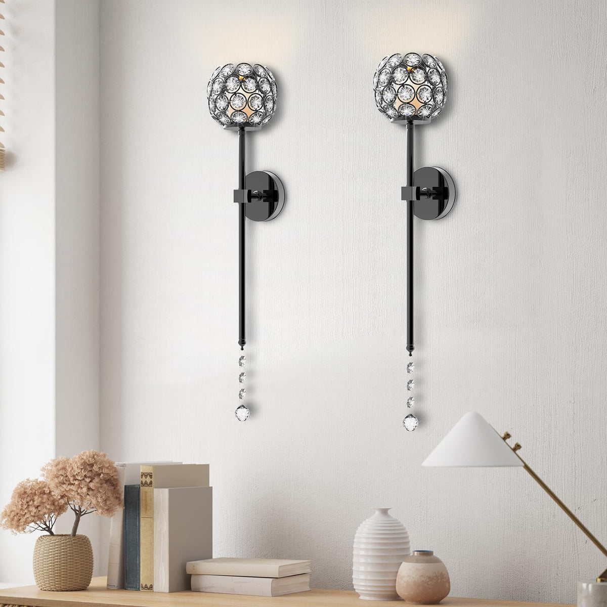 Crystal Candle Sconces for Wall Decorative Candle Holder Sconce Wall Art Home Decor for Bedroom Living Dining Room, Set of 2-Black