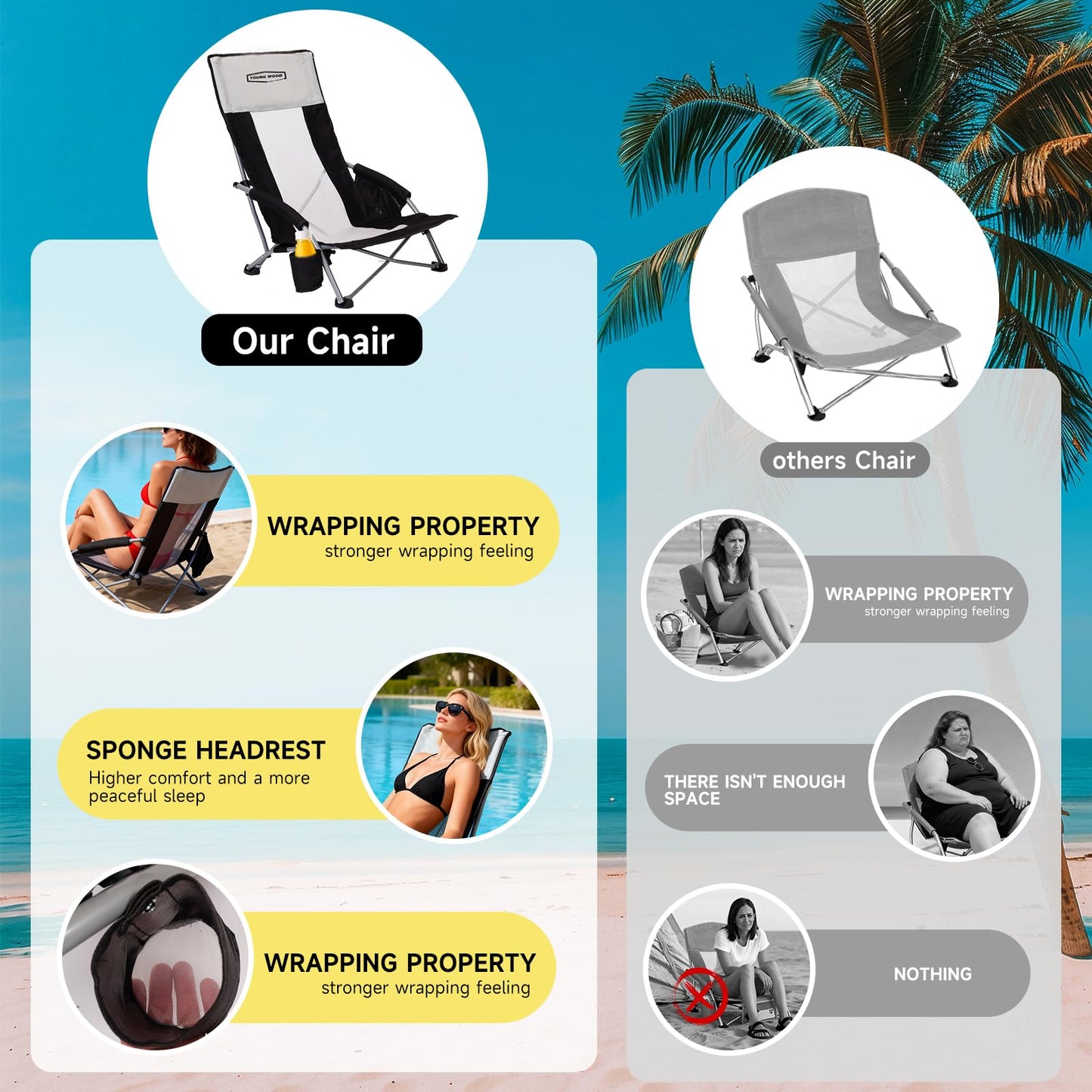 YOUNG WOOD High Beach Chair, Camping Chair, High Back Extra Wide Seat Chair with Comfortable Pillow & Storage Pocketsuitable for Adults, Children and Pets Fishing, PLoad Capacity 350lb,Black.1p