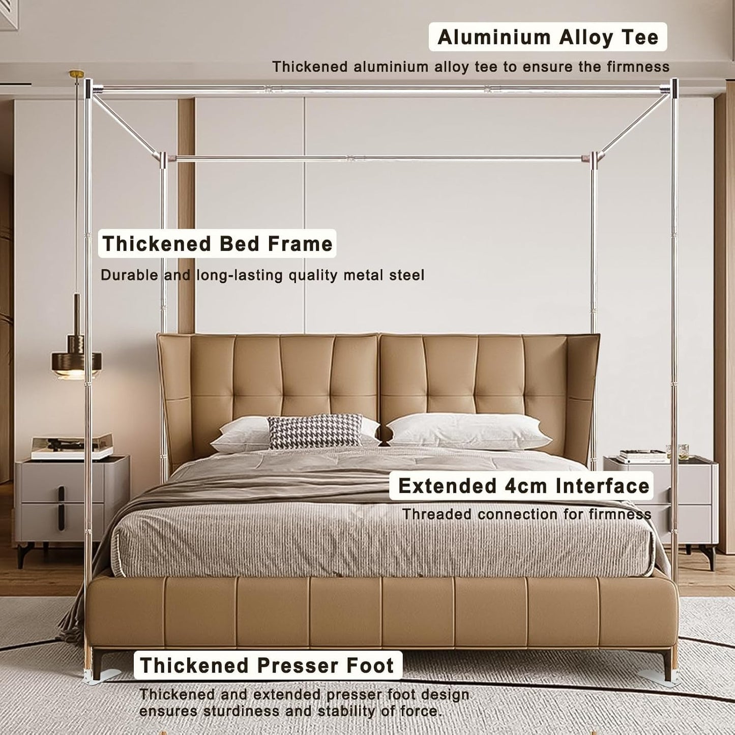 Stainless Steel Canopy Bed Frame Queen Size, Thicken Queen Size Canopy Frame for Metal Bed Wood Bed Bedroom Decor