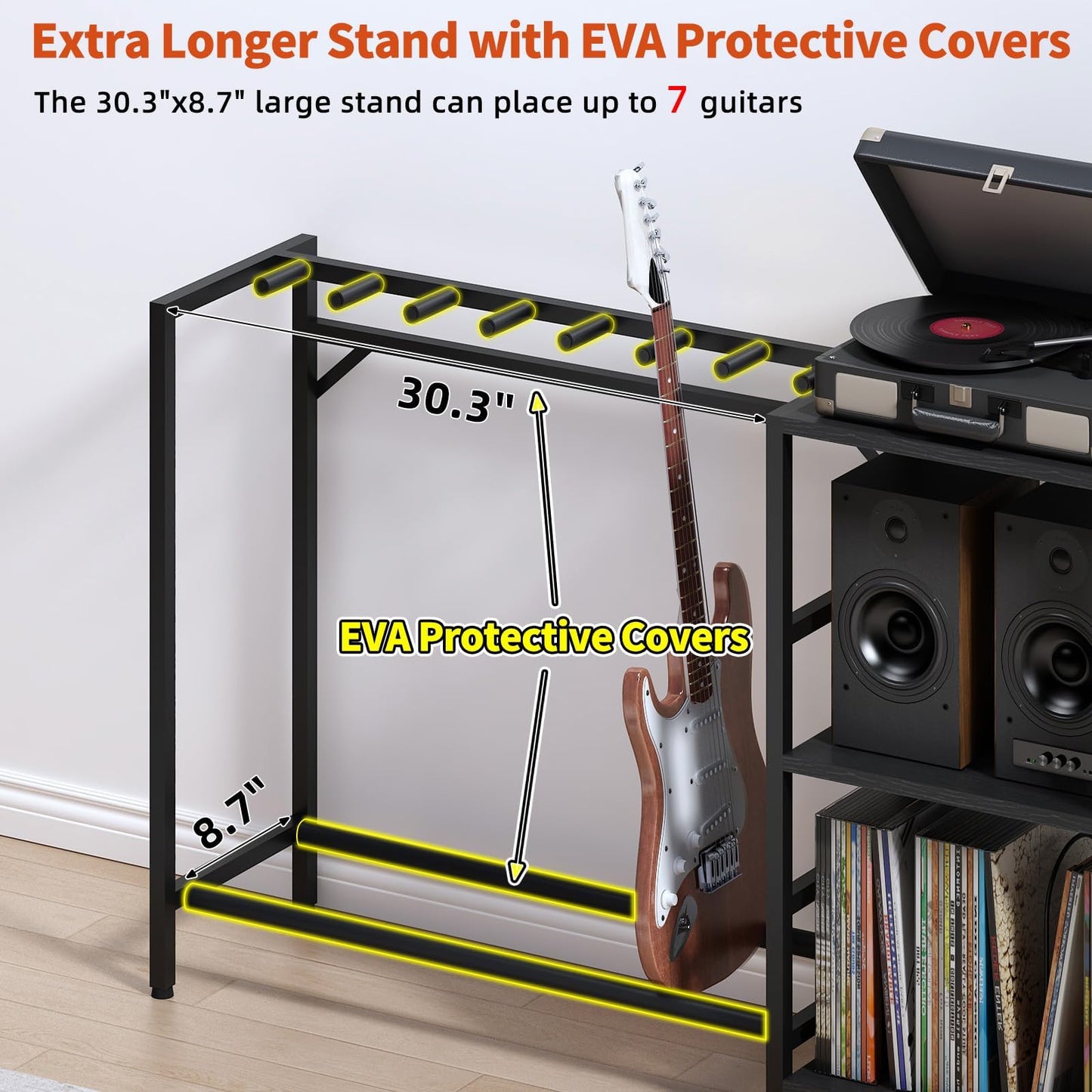 ZHNSYDN Guitar Stand with Record Player Stand, Guitar Rack with Record Player Table, Guitar Holder 7 Space for Multiple Guitars, Bass, Acoustic, Guitar Display for Home Music Studio, Black