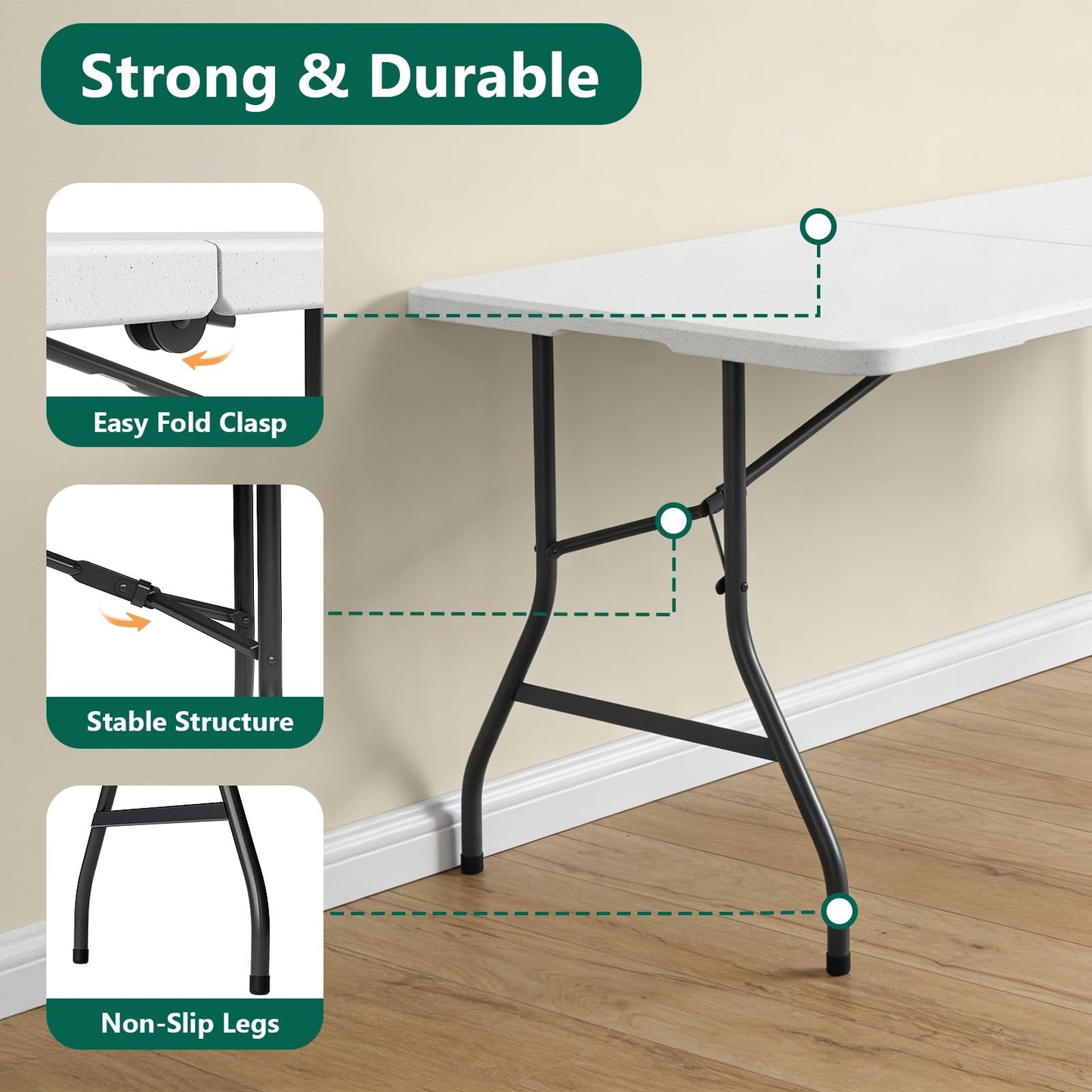 MAKE CHANGES Folding Table 5FT Heavy Duty Plastic Table with Handle, Foldable&Portable, Fold-in-Half Utility Tables for Outdoor, Dining, Wedding, Events, Indoor, Picnic, Camping, Party,Khaki