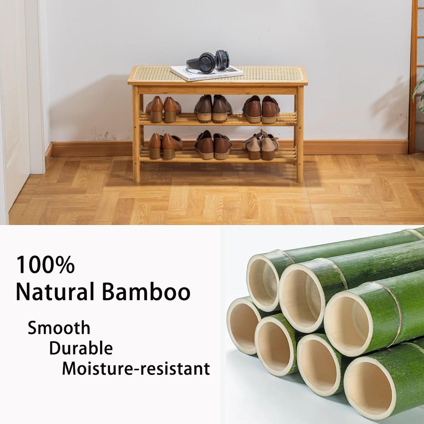 latifolia Shoe Rack Bench, 3-Tier Bamboo Shoe Bench with Breathable Rattan Seat Cushion, Shoe Storage Rack for Entryway(Nautre,31.50''L)