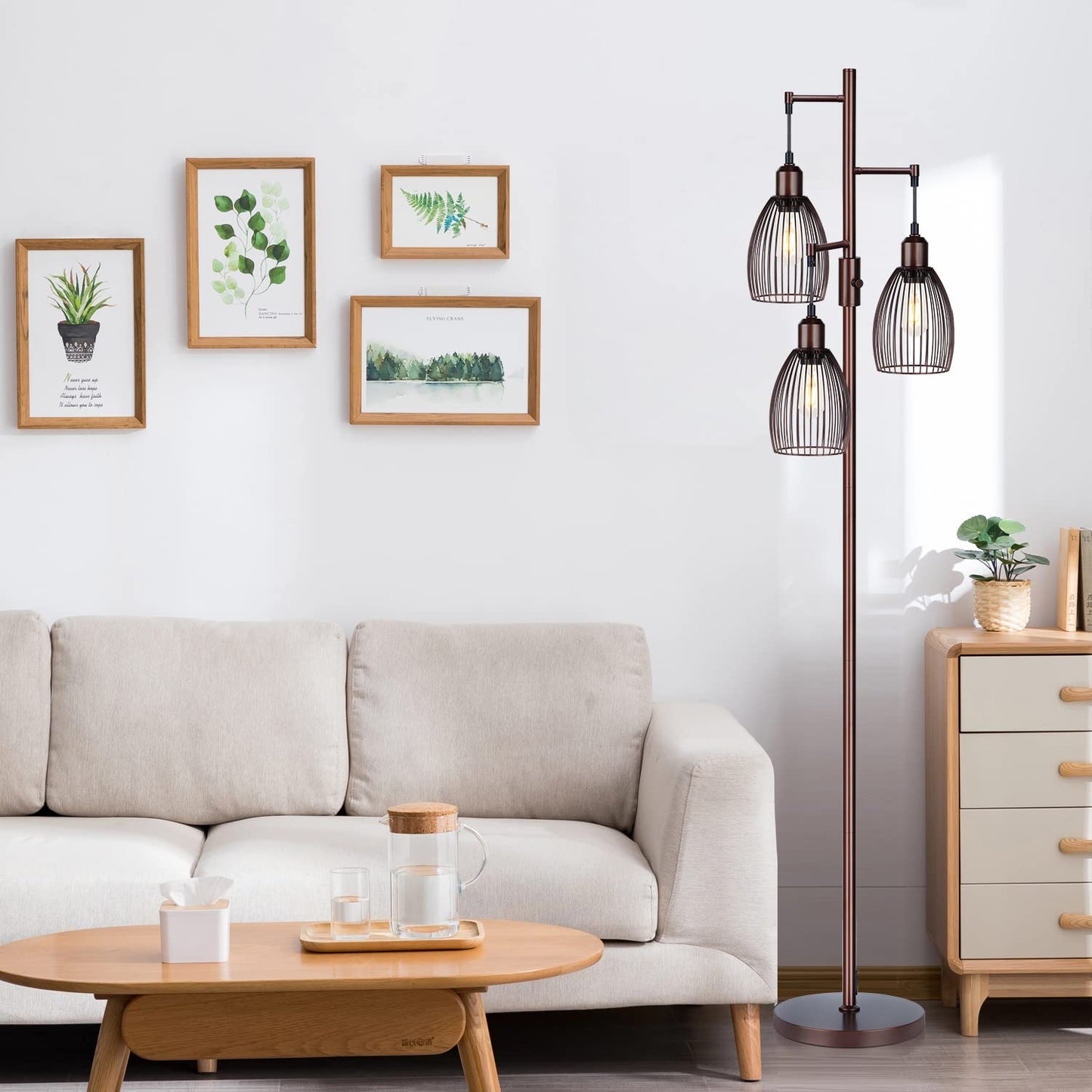 Torondo Dimmable Floor Lamp, Industrial Floor Lamps for Living Room, Brown Tree Lamp Standing Lamp Tall Lamps with 3 Elegant Teardrop Cage Head & 800 Lumens LED Bulbs for Living Room Bedroom Office