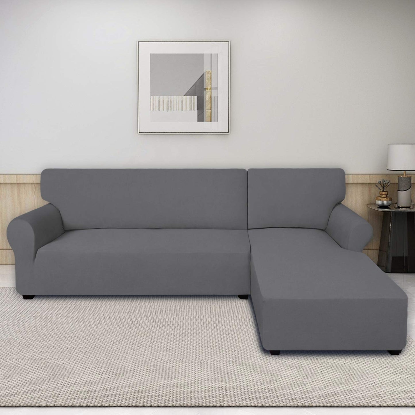 PureFit Super Stretch Sectional Couch Covers - 2 pcs Spandex Non Slip Sofa Covers with Elastic Bottom for L Shape Sectional Sofa Couch, Great for Kids & Pets (3 Seat Sofa + 3 Seat Chaise, Gray)