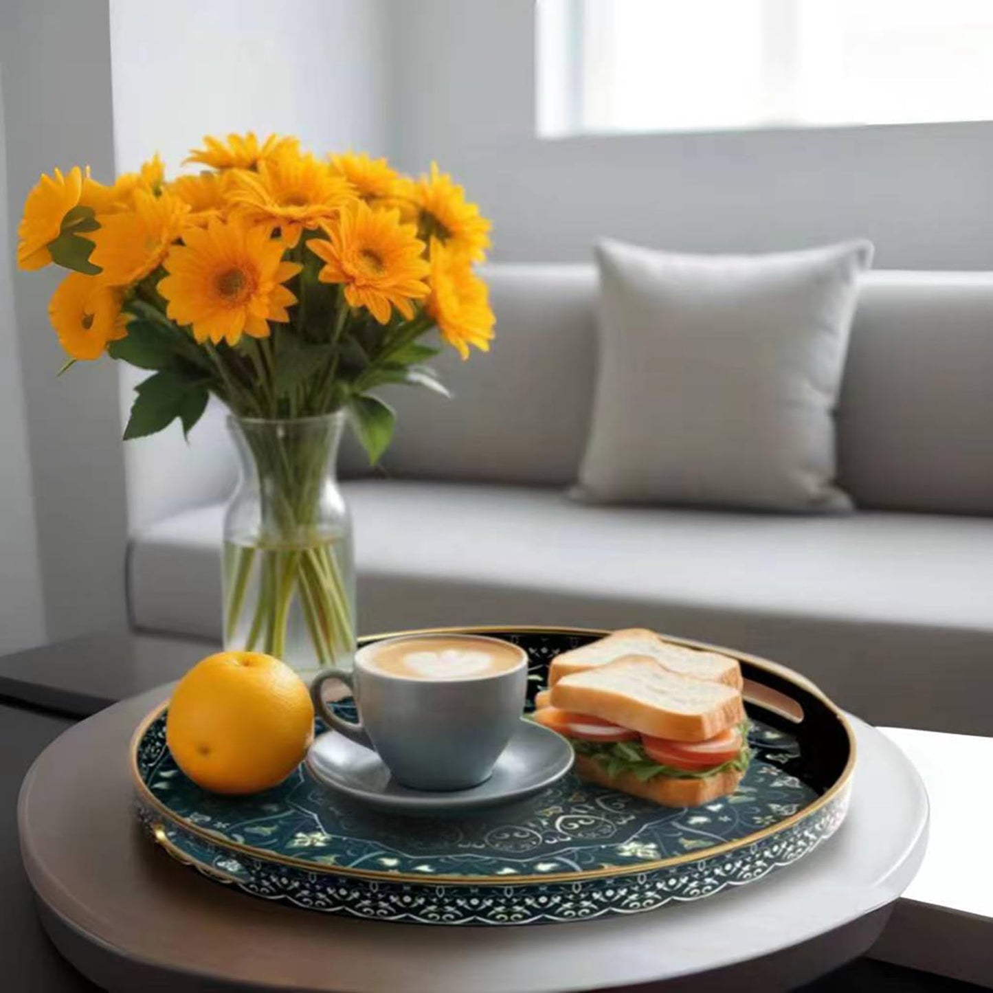 Fuukou Round Serving Tray with Handles - Large Round Ottoman Tray Coffee Table Tray,Plastic Decorative Serving Trays for Coffee Table,Round Boho Tray for Ottoman Living Room