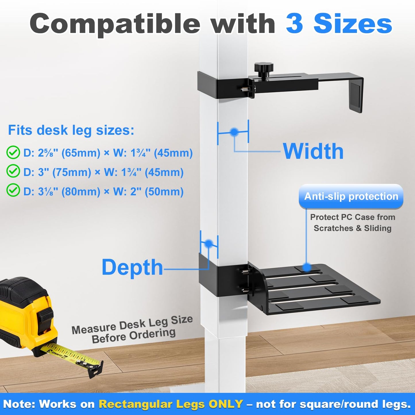 Under Desk PC Mount - No Drilling 40 lb Capacity, Fits 3 Fixed Desk Leg Sizes, CPU Holder Under Desk, Adjustable Clamp-on Desk Leg PC Mount for Standing Desk, with Non-Slip Pads, Black