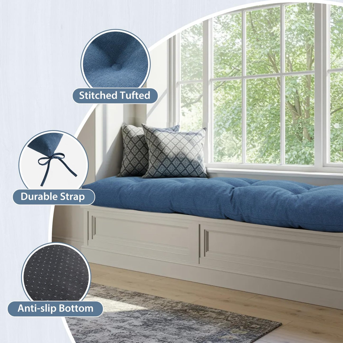 WEOAVRY 42 Inch Bench Cushions for Indoor Furniture, Super Soft Rectangle Bench seat Cushion Pad with Non-Slip Bottom, Waterproof Bench Pad for Window Porch(Blue, 42x16x4.5 Inch)