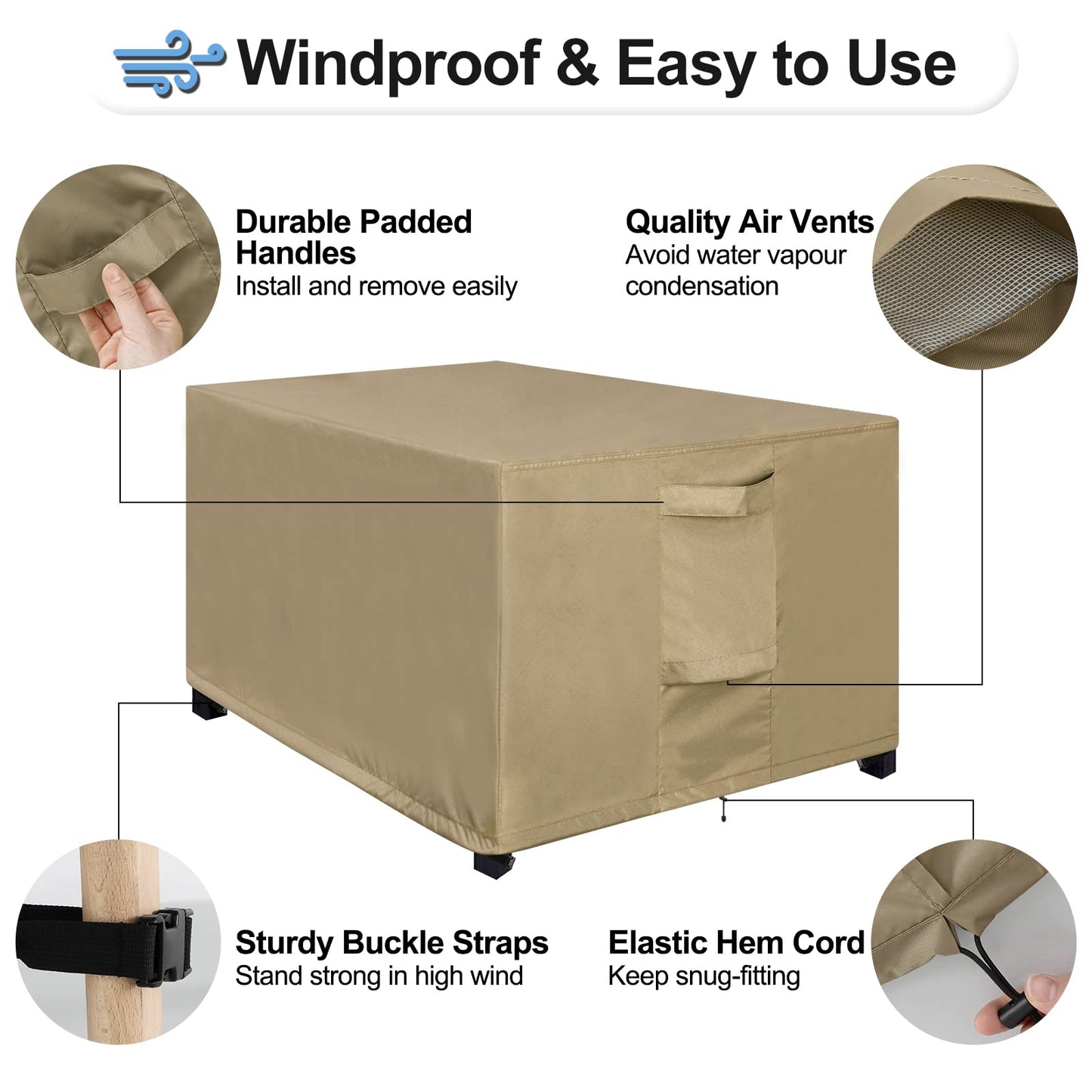 OutdoorLines Outdoor Waterproof Patio Ottoman Covers - Rectangle UV-Proof Patio Side Table Cover Windproof Heavy-Duty Furniture Covering Protector 48L x 25W x 18H Inch, Camel