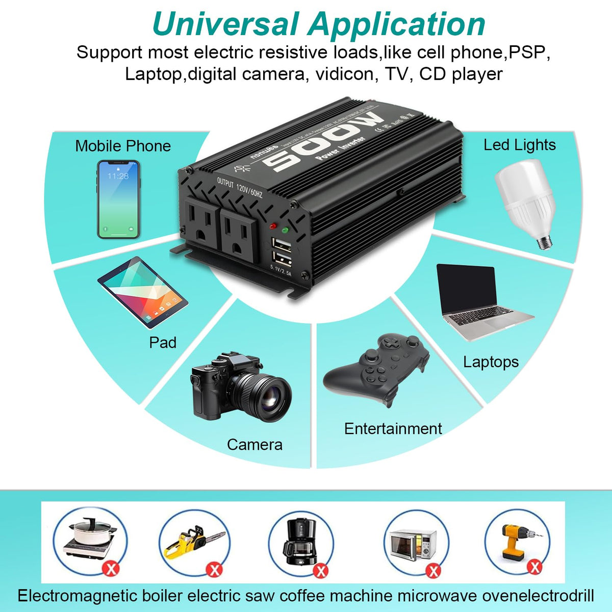 500 Watt Power Inverter car Inverter Rate 500W / Peak 1000W DC12V to AC 110V RV Inverter for Camping Charging Vehicle Power Inverter-Black(500W)