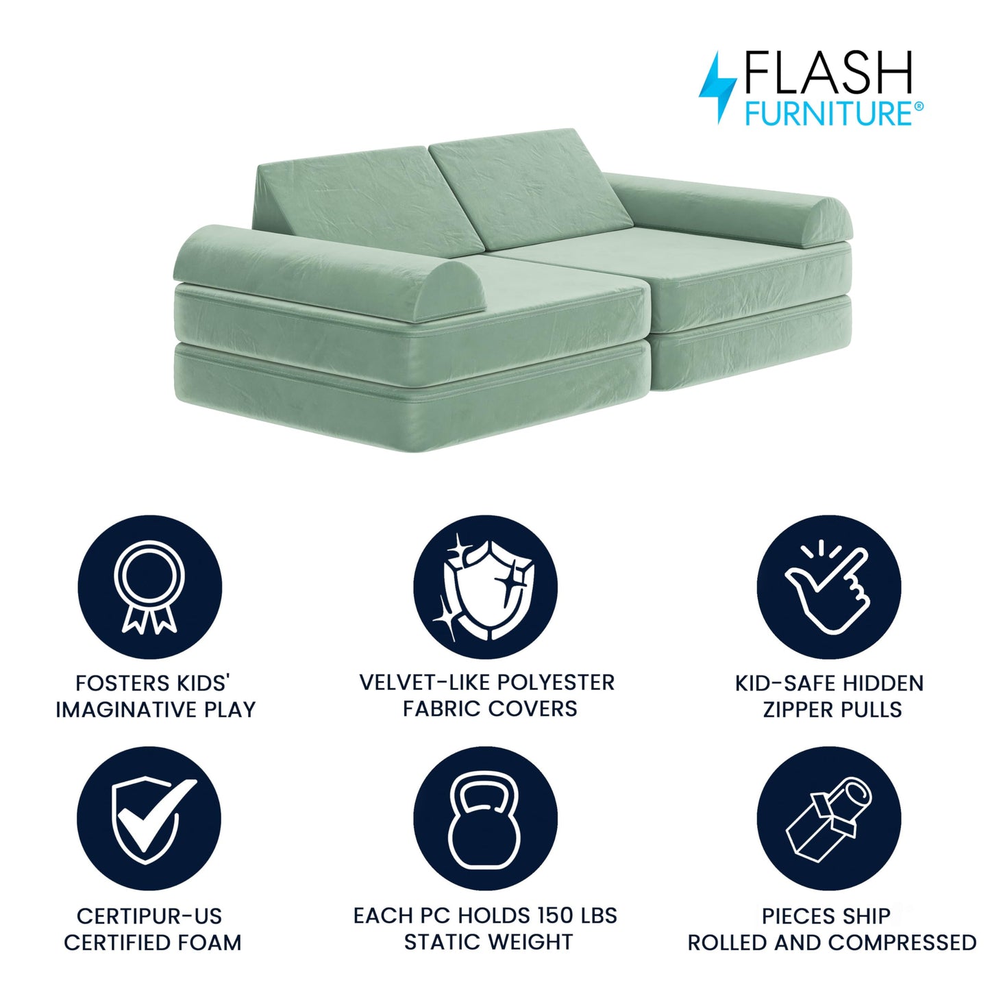 Flash Furniture Marlowe Modular Foam Kids Play Couch, 6 Soft Sectional Sofa Pieces, Convertible Kids Couch, Removable Covers, 56", Sage