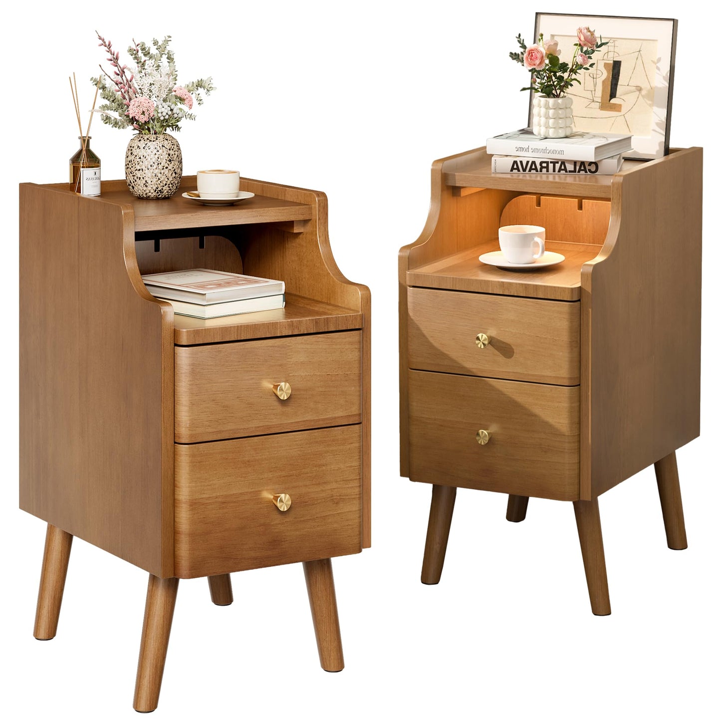 Narrow Nightstand Set of 2, Solid Wood Night Stand with 2 Drawers, Walnut Mid Century Modern Nightstand, Small Bedside Table with Open Storage Shelf for Bedroom (10 Inch)