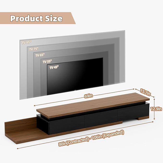Extendable TV Stand with LED Lights, Modern TV Console with 3 Drawers, Wooden